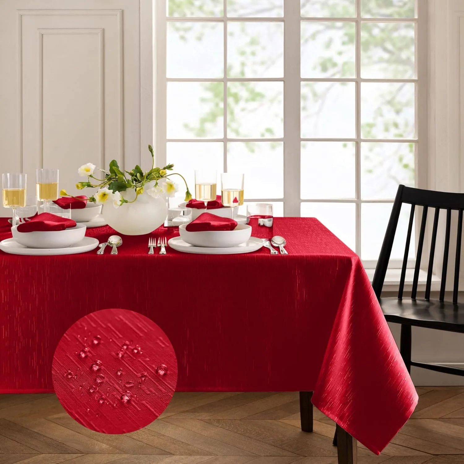 Elrene Home Fashions Continental Solid Texture Water, Stain & Wrinkle Resistant Tablecloth, 60"X120" Rectangle, Red
