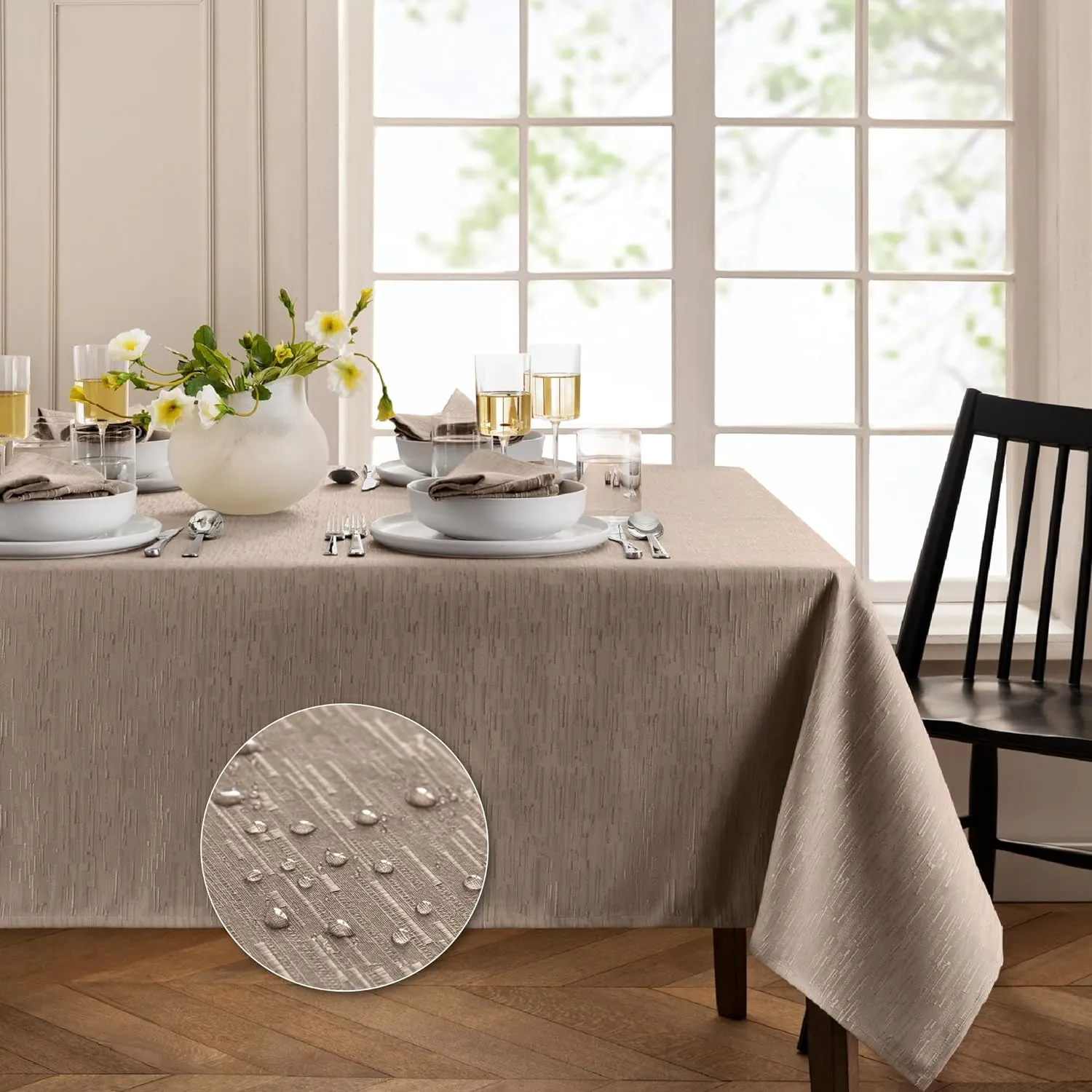 Elrene Home Fashions Continental Solid Texture Water, Stain & Wrinkle Resistant Tablecloth, 60"X120" Rectangle, Taupe