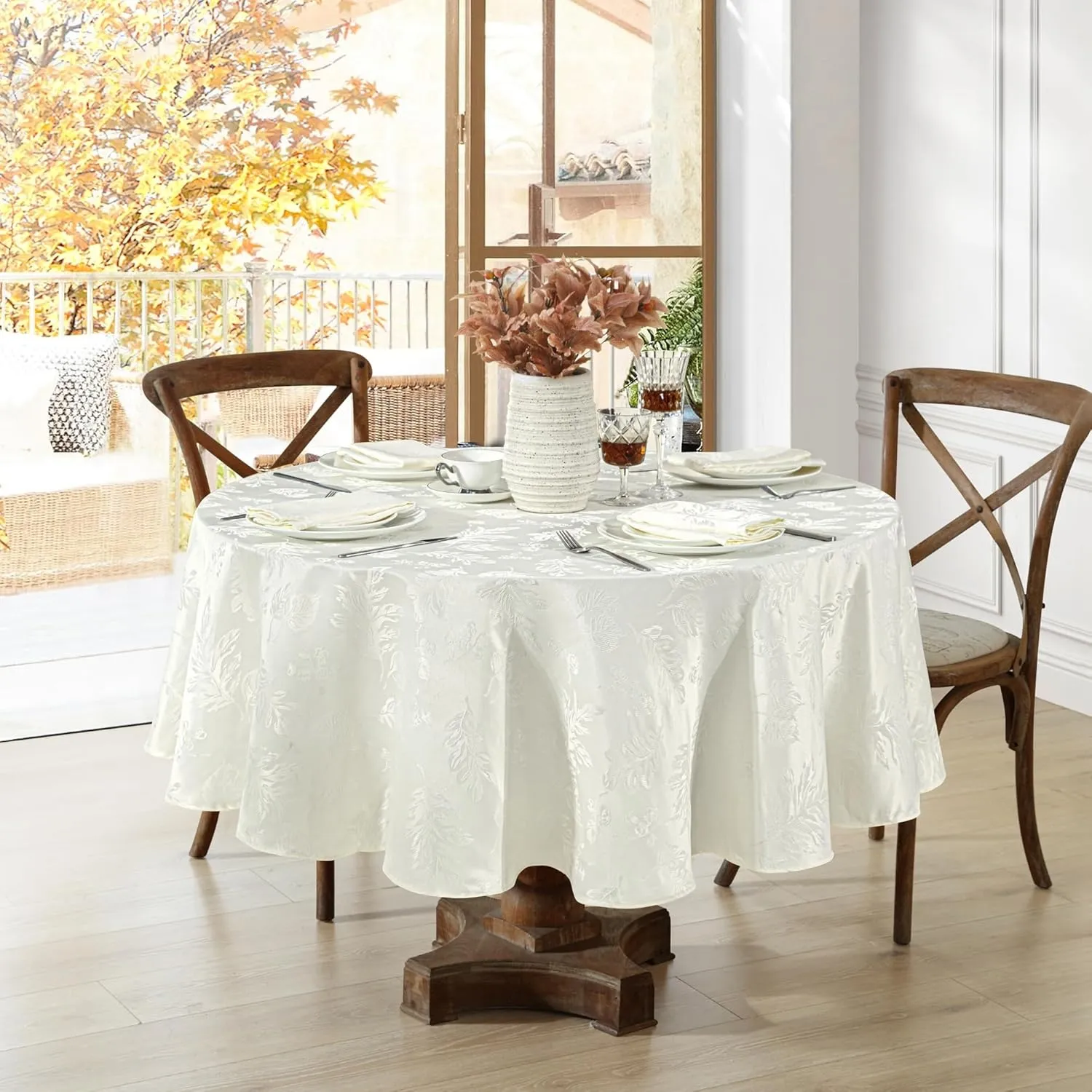 Elrene Home Fashions Elegant Woven Leaves Jacquard Damask Wrinkle Resistant Tablecloth, 70" x 70", Round, Ivory