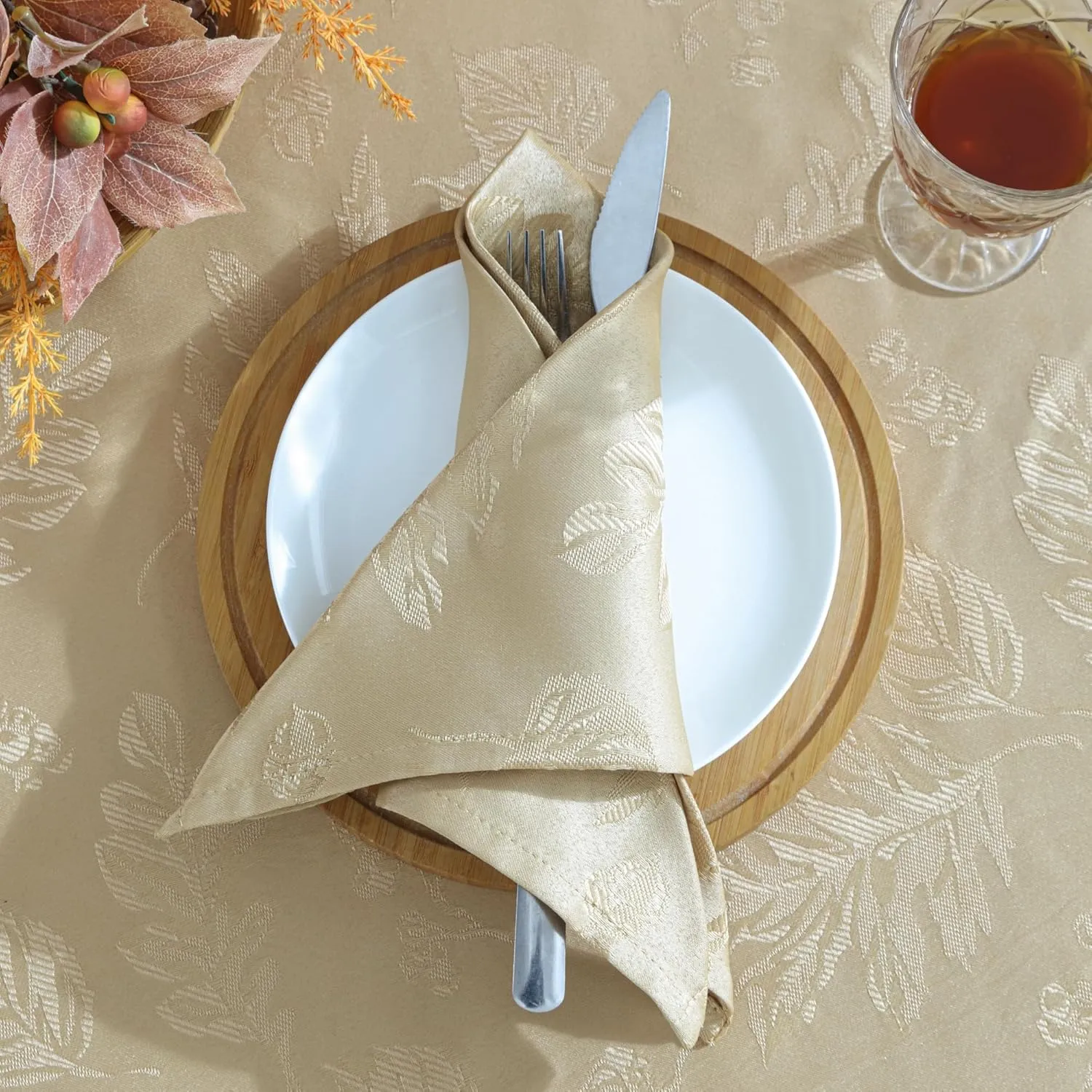 Elrene Home Fashions Elegant Woven Leaves Jacquard Damask Wrinkle Resistant Tablecloth, 70" x 70", Round, Taupe