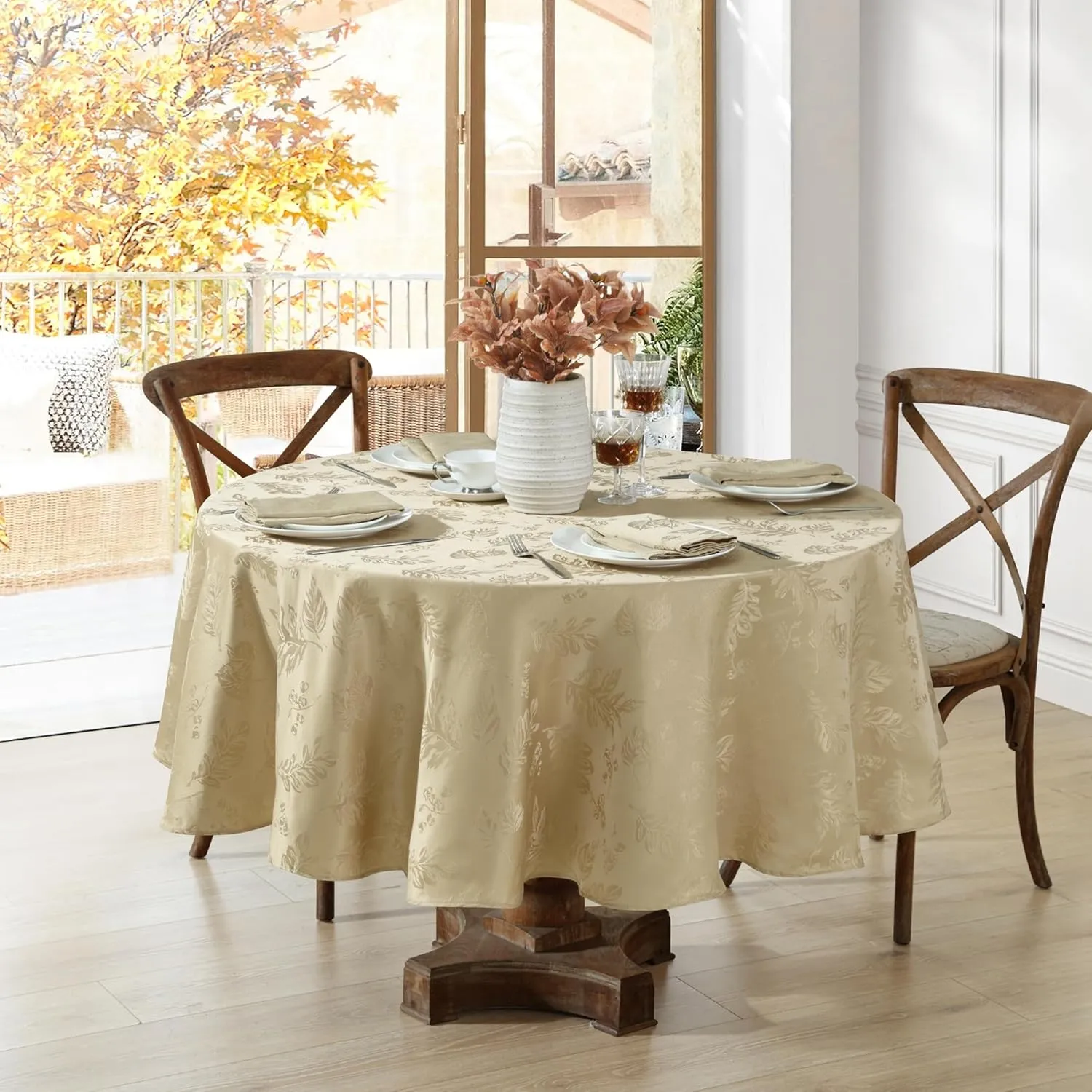 Elrene Home Fashions Elegant Woven Leaves Jacquard Damask Wrinkle Resistant Tablecloth, 70" x 70", Round, Taupe