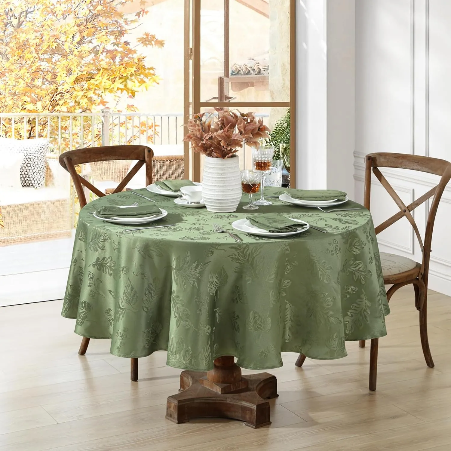Elrene Home Fashions Elegant Woven Leaves Jacquard Damask Wrinkle Resistant Tablecloth for Fall/Harvest/Thanksgiving, 70" x 70", Round, Olive