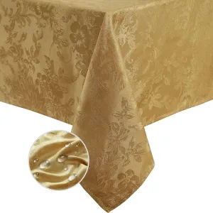 Elrene Home Fashions Poinsettia Elegance Jacquard Christmas/Holiday Waterproof Stain Resistant Dining Tablecloth, 60"X144" Oblong/Rectangle, Gold