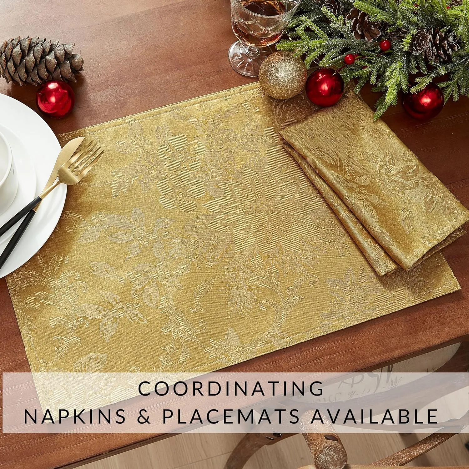 Elrene Home Fashions Poinsettia Elegance Jacquard Christmas/Holiday Waterproof Stain Resistant Dining Tablecloth, 60"X144" Oblong/Rectangle, Gold