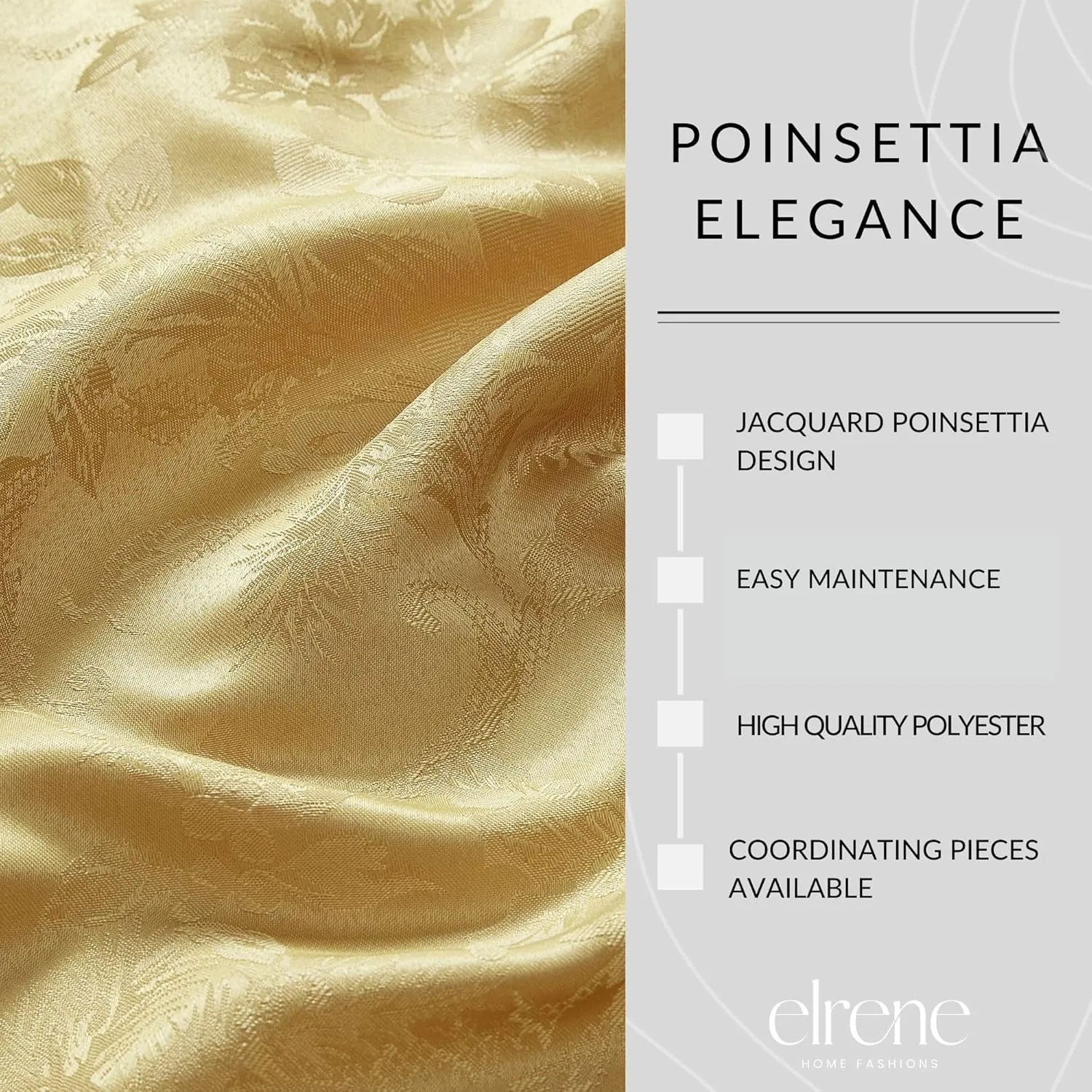 Elrene Home Fashions Poinsettia Elegance Jacquard Christmas/Holiday Waterproof Stain Resistant Dining Tablecloth, 60"X144" Oblong/Rectangle, Gold