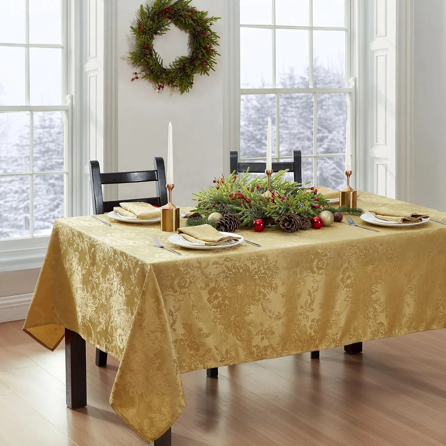 Elrene Home Fashions Poinsettia Elegance Jacquard Christmas/Holiday Waterproof Stain Resistant Dining Tablecloth, 60"X144" Oblong/Rectangle, Gold