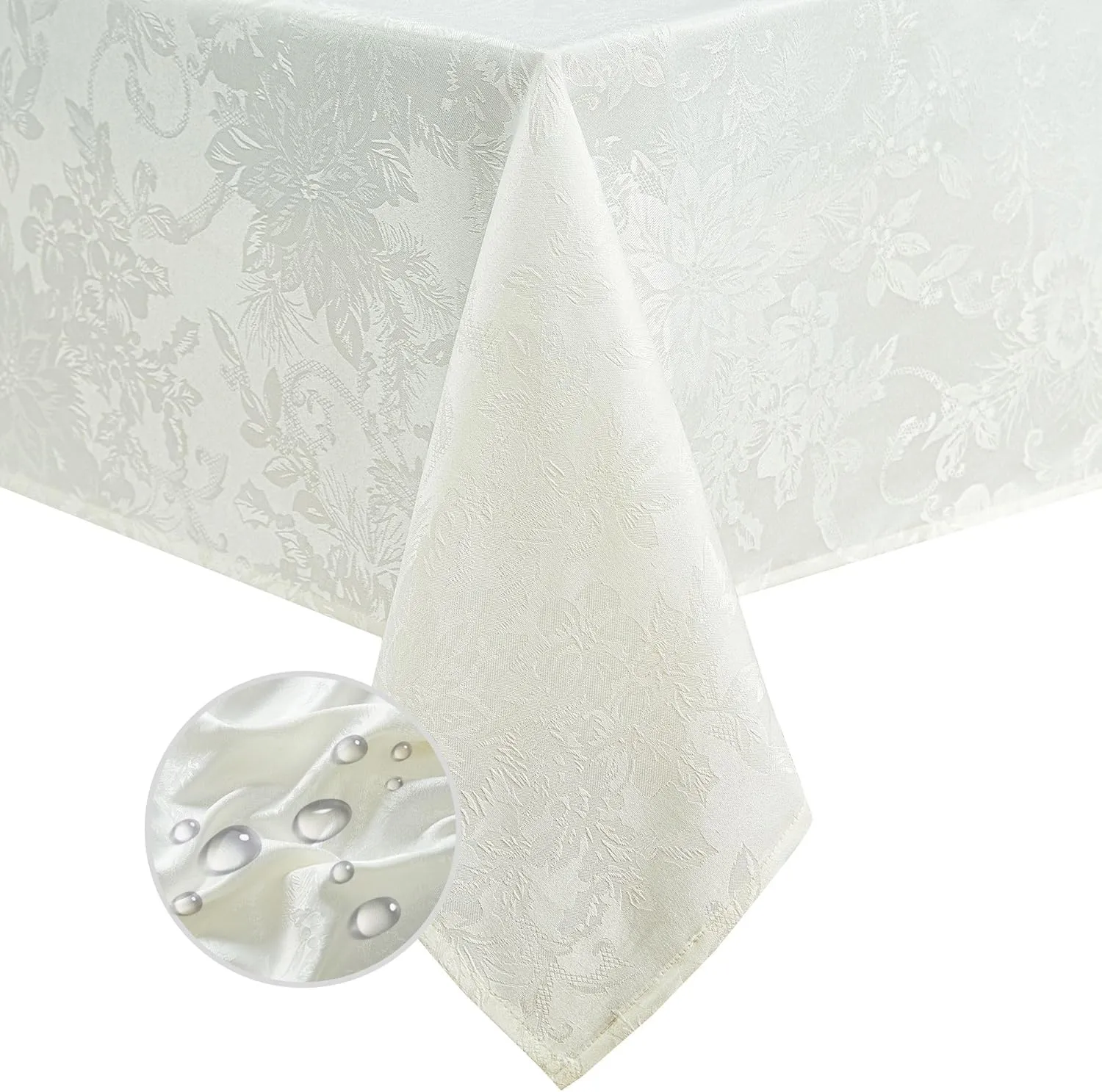 Elrene Home Fashions Poinsettia Elegance Jacquard Christmas/Holiday Waterproof Stain Resistant Dining Tablecloth, 60"X144" Oblong/Rectangle, Ivory