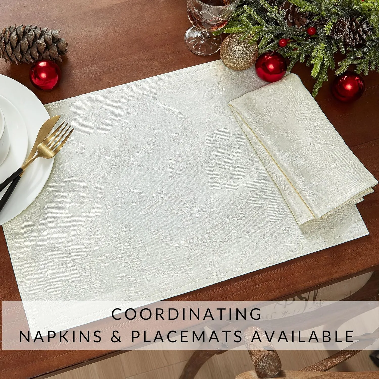 Elrene Home Fashions Poinsettia Elegance Jacquard Christmas/Holiday Waterproof Stain Resistant Dining Tablecloth, 60"X144" Oblong/Rectangle, Ivory