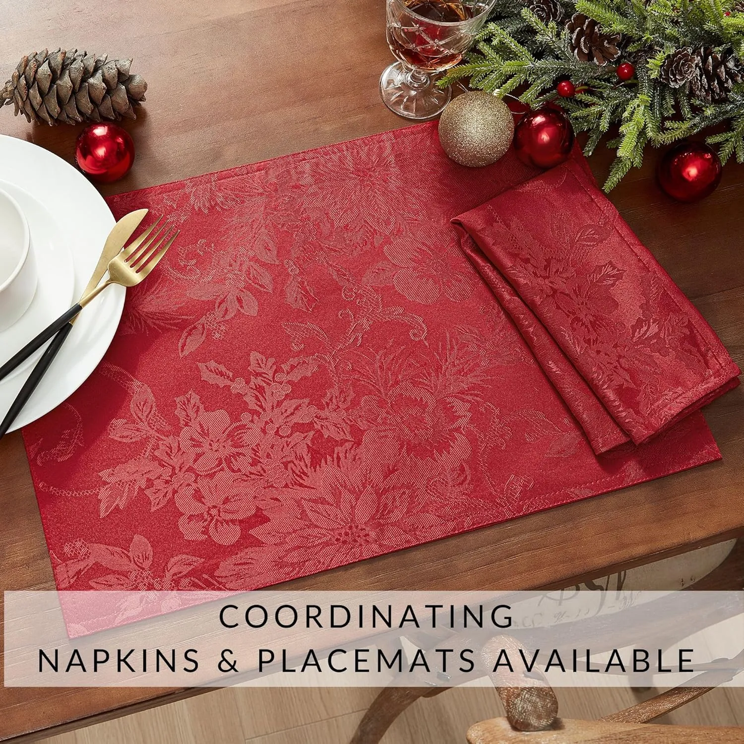 Elrene Home Fashions Poinsettia Elegance Jacquard Christmas/Holiday Waterproof Stain Resistant Dining Tablecloth, 60"X144" Oblong/Rectangle, Red