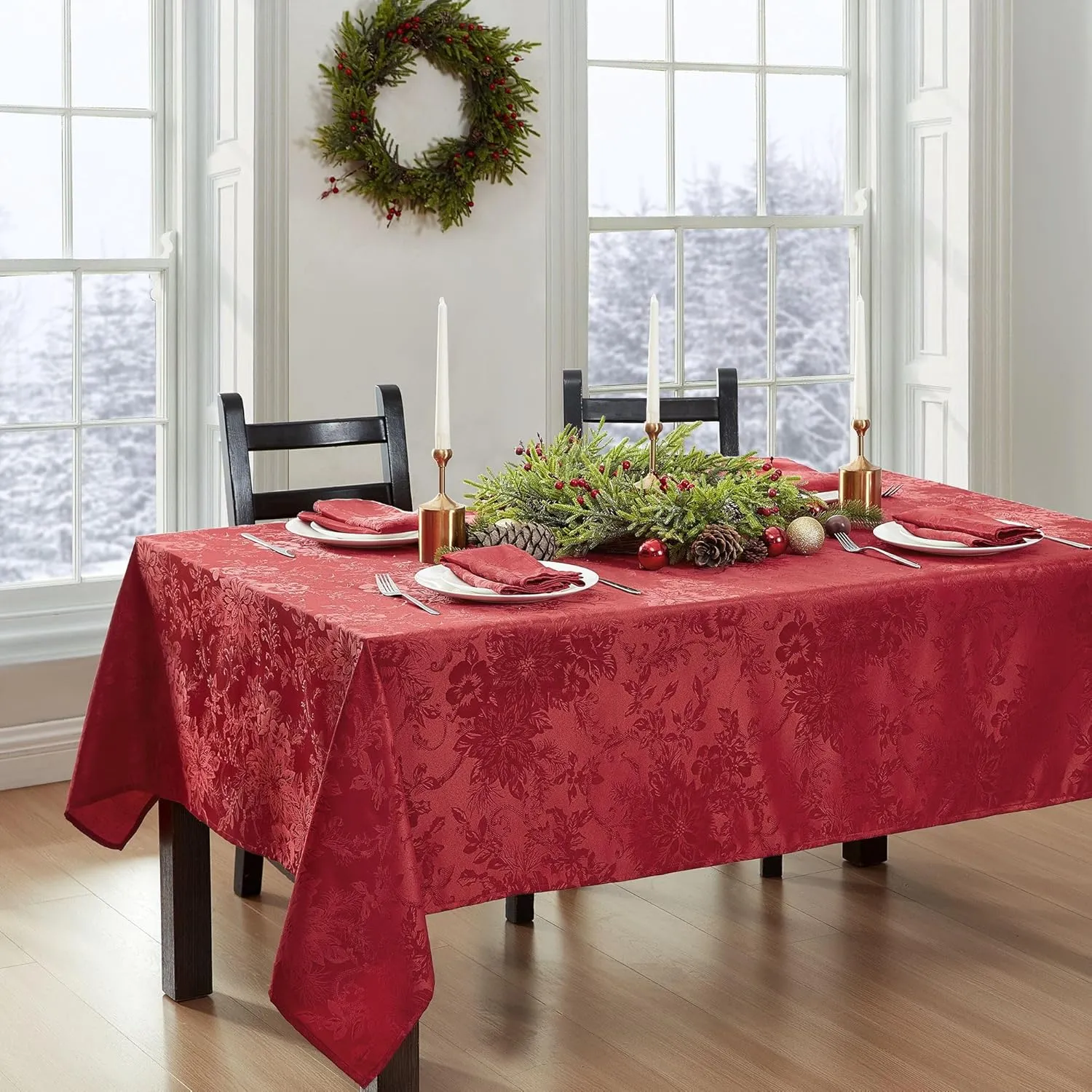 Elrene Home Fashions Poinsettia Elegance Jacquard Christmas/Holiday Waterproof Stain Resistant Dining Tablecloth, 60"X144" Oblong/Rectangle, Red