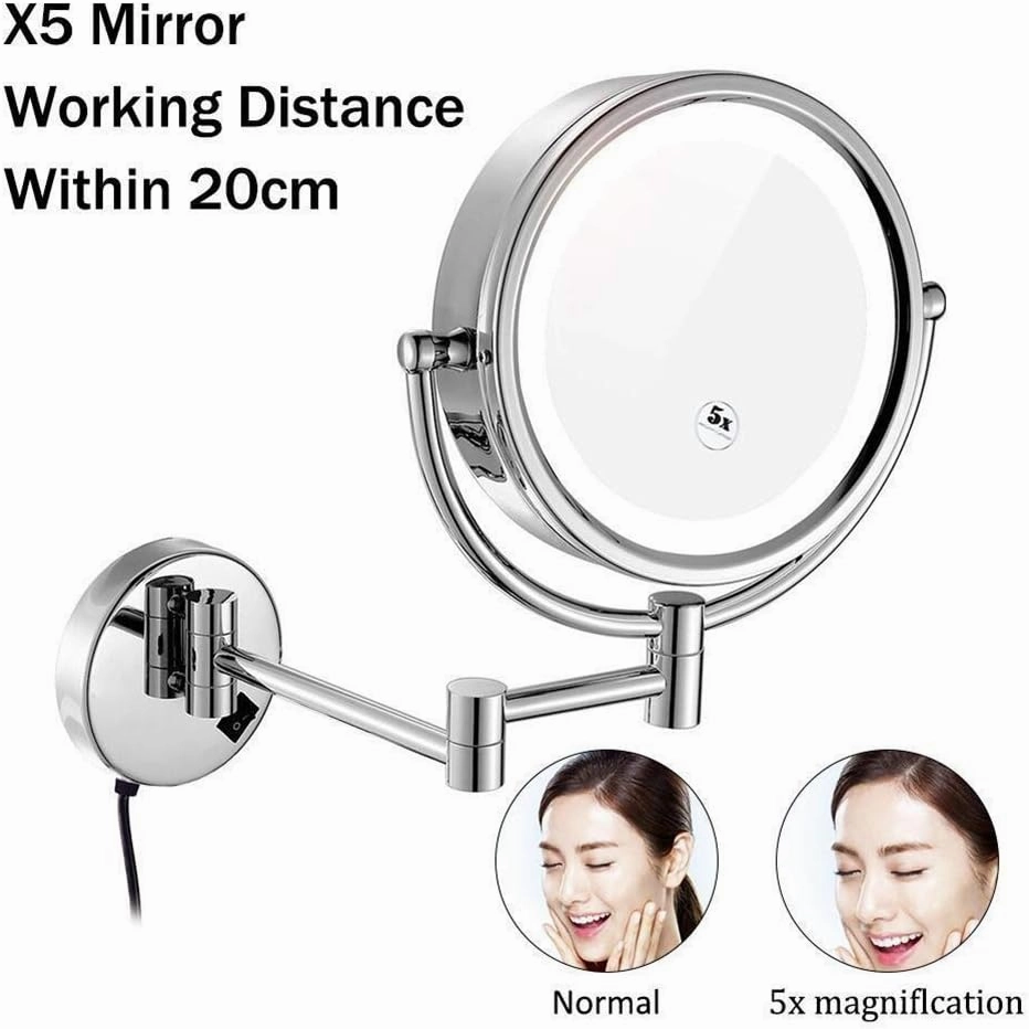 ELTOX Makeup Mirrors Wall Mounted,Bathroom Brass Magnify Folding Extendable Lighted Vanity Mirrors with Lights (Size : 3X)