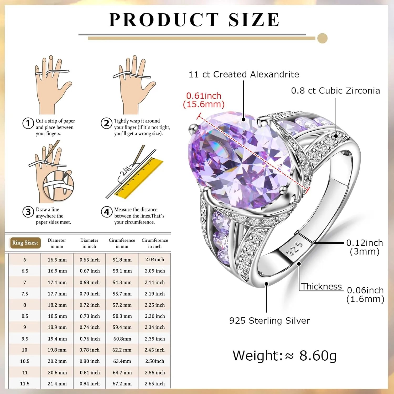 Emerald/Sapphire/Ruby/Tourmaline Rings for Women, 925 Sterling Silver Gemstone Engagement Anniversary Ring Big 6.5-8.5 Carat Birthstone Ring, Size 6 to 10 (Send Gift Box)