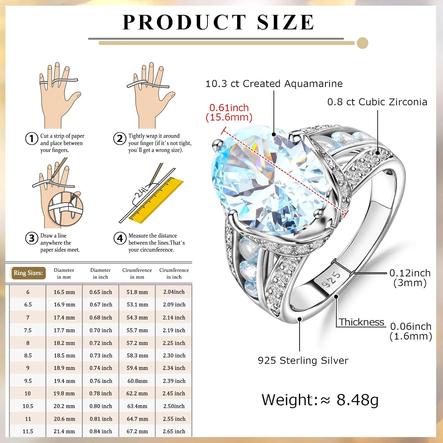 Emerald/Sapphire/Ruby/Tourmaline Rings for Women, 925 Sterling Silver Gemstone Engagement Anniversary Ring Big 6.5-8.5 Carat Birthstone Ring, Size 6 to 10 (Send Gift Box)
