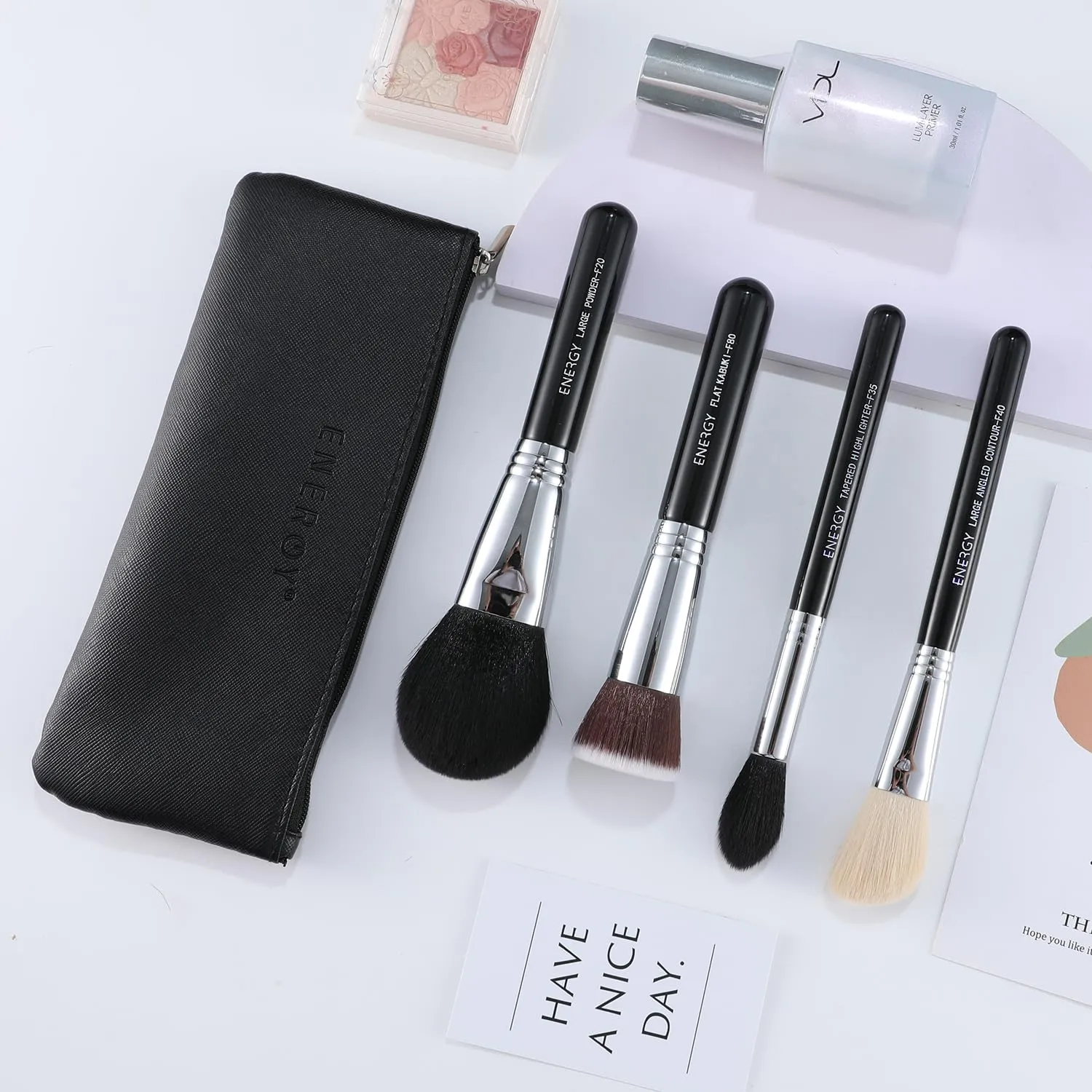 ENERGY Makeup Brush Set 4PCS Premium Synthetic Powder Foundation Blush Contour Bronzer Highlighter Makeup Brushes with Black PU Bag Professional Vegan Face Brushes