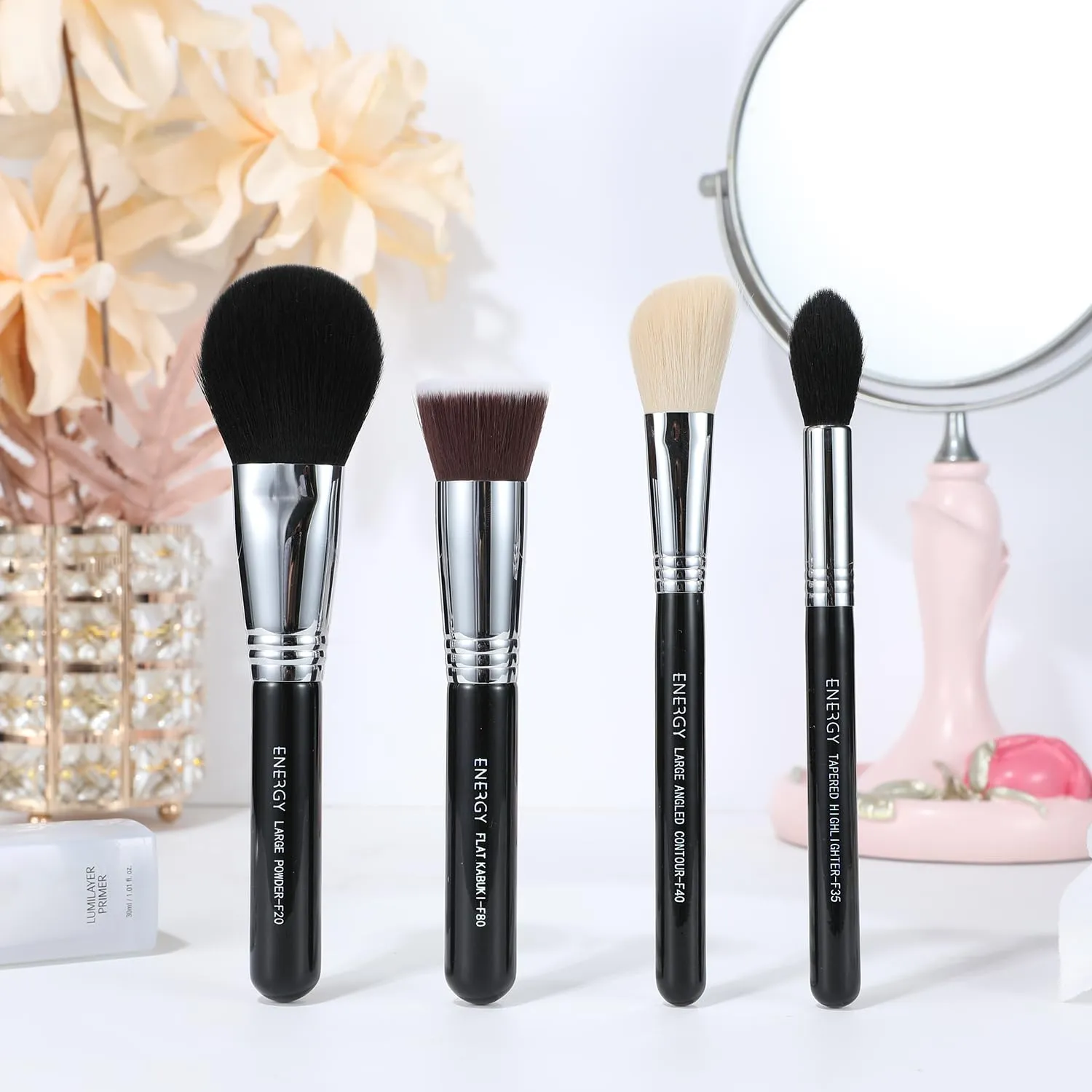 ENERGY Makeup Brush Set 4PCS Premium Synthetic Powder Foundation Blush Contour Bronzer Highlighter Makeup Brushes with Black PU Bag Professional Vegan Face Brushes