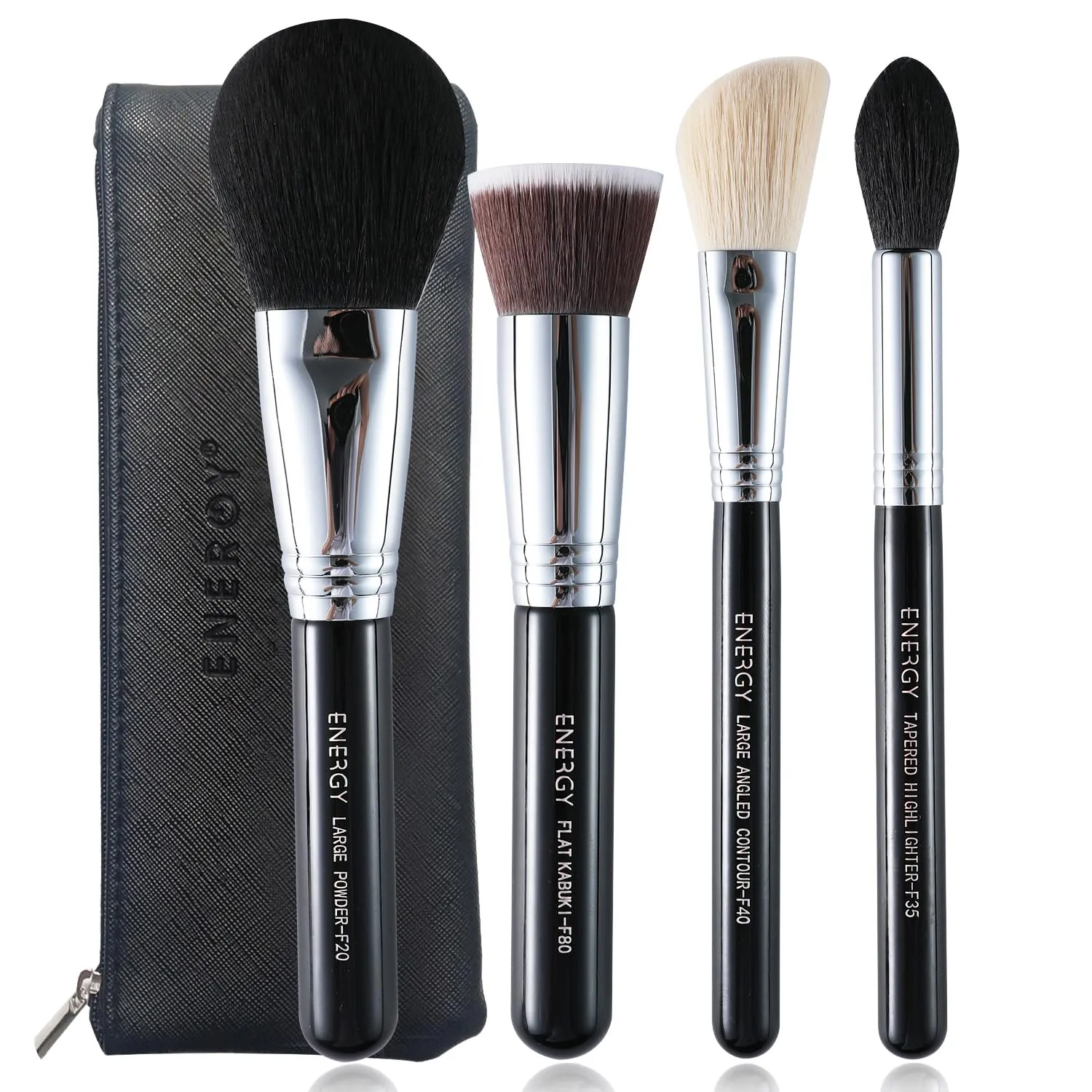 ENERGY Makeup Brush Set 4PCS Premium Synthetic Powder Foundation Blush Contour Bronzer Highlighter Makeup Brushes with Black PU Bag Professional Vegan Face Brushes