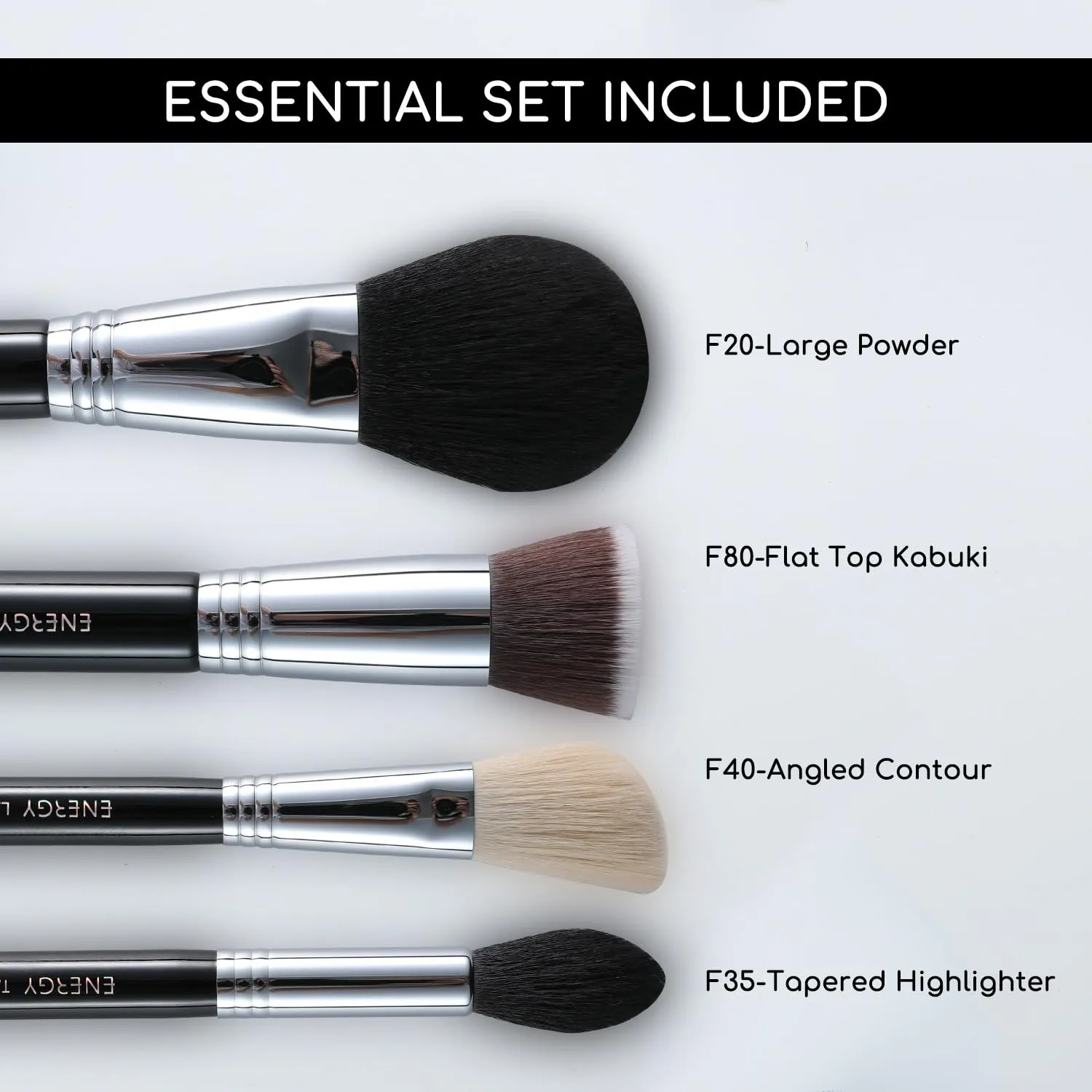 ENERGY Makeup Brush Set 4PCS Premium Synthetic Powder Foundation Blush Contour Bronzer Highlighter Makeup Brushes with Black PU Bag Professional Vegan Face Brushes