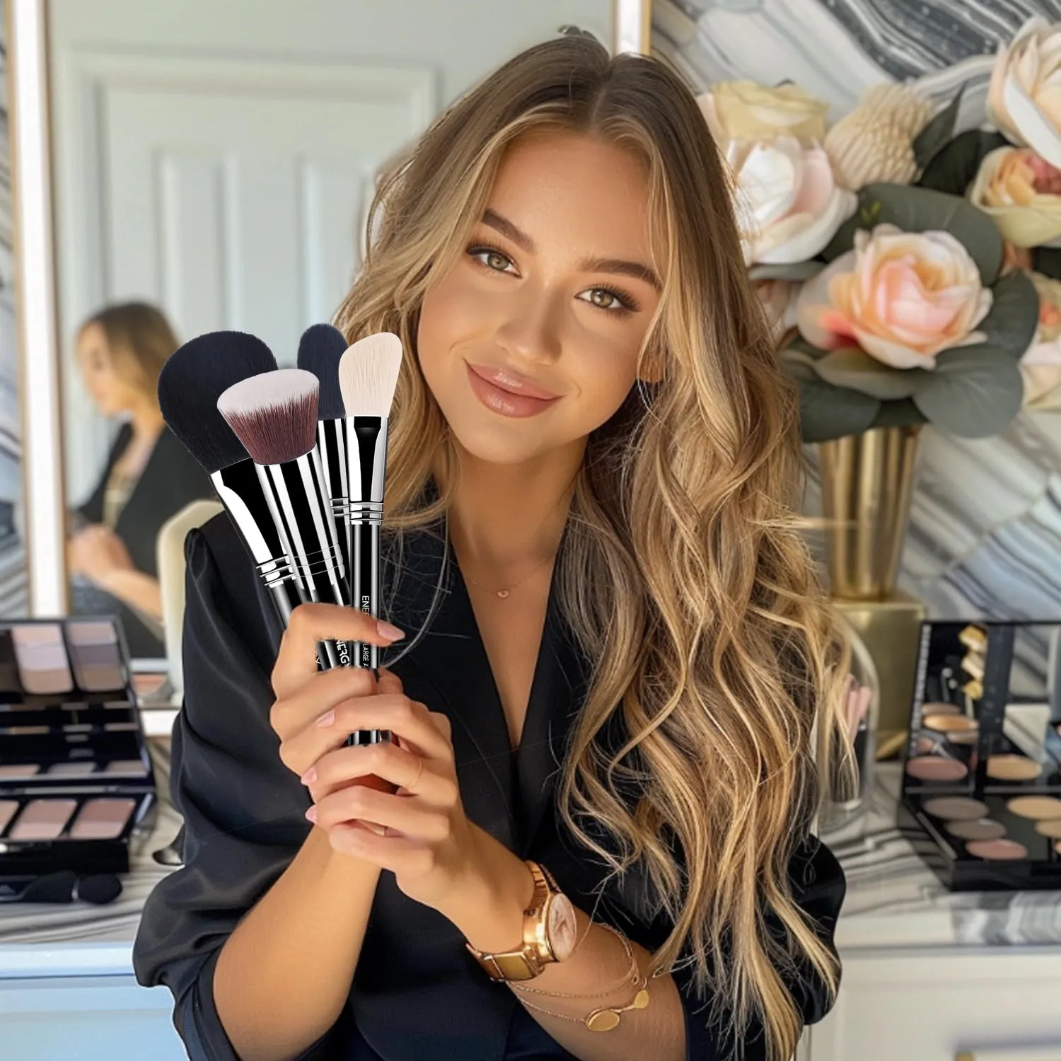 ENERGY Makeup Brush Set 4PCS Premium Synthetic Powder Foundation Blush Contour Bronzer Highlighter Makeup Brushes with Black PU Bag Professional Vegan Face Brushes