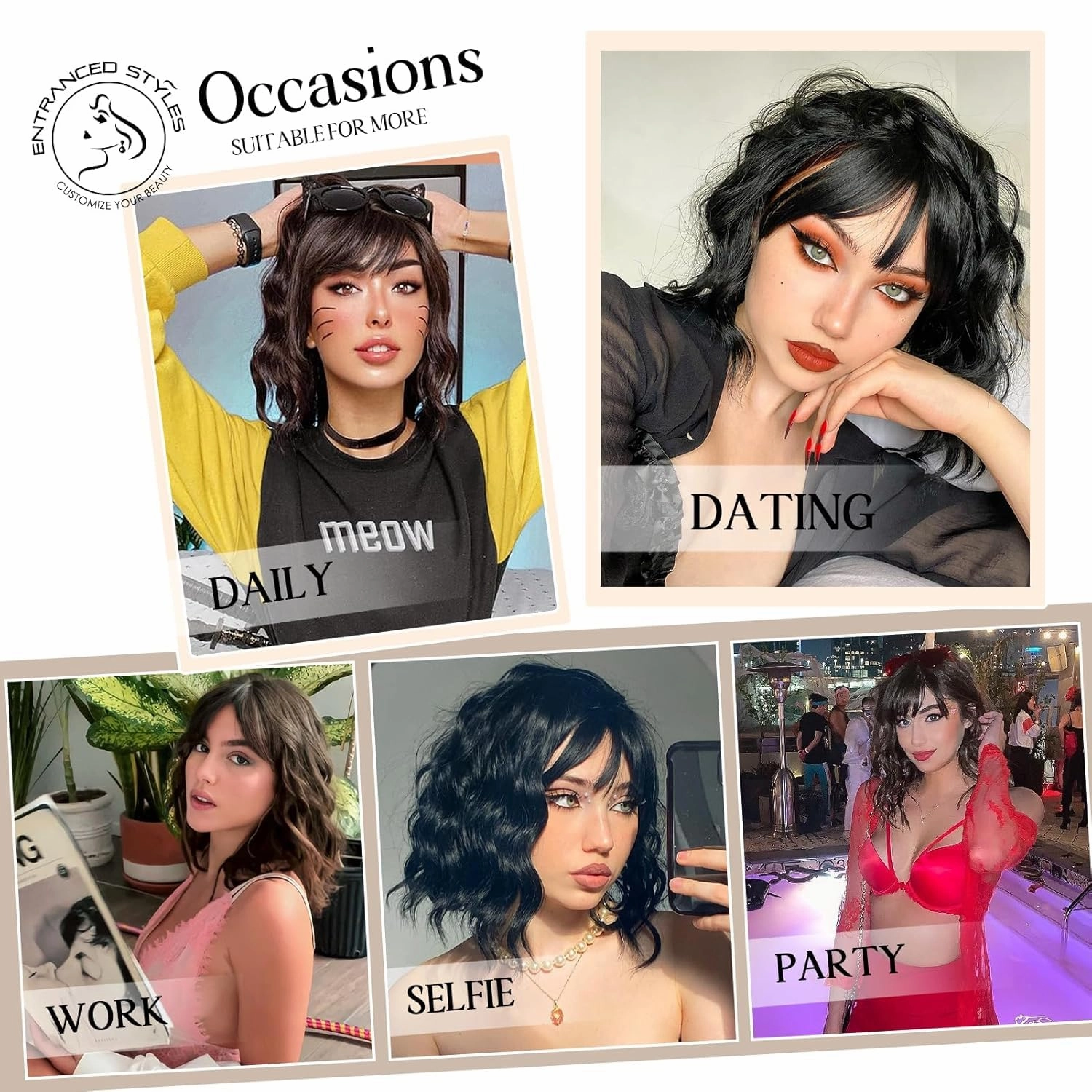 ENTRANCED STYLES Black Wig for Women Short Wavy Curly Bob Wigs with Bangs 14inch Medium Length Synthetic Chic Hair for Daily Party Wear