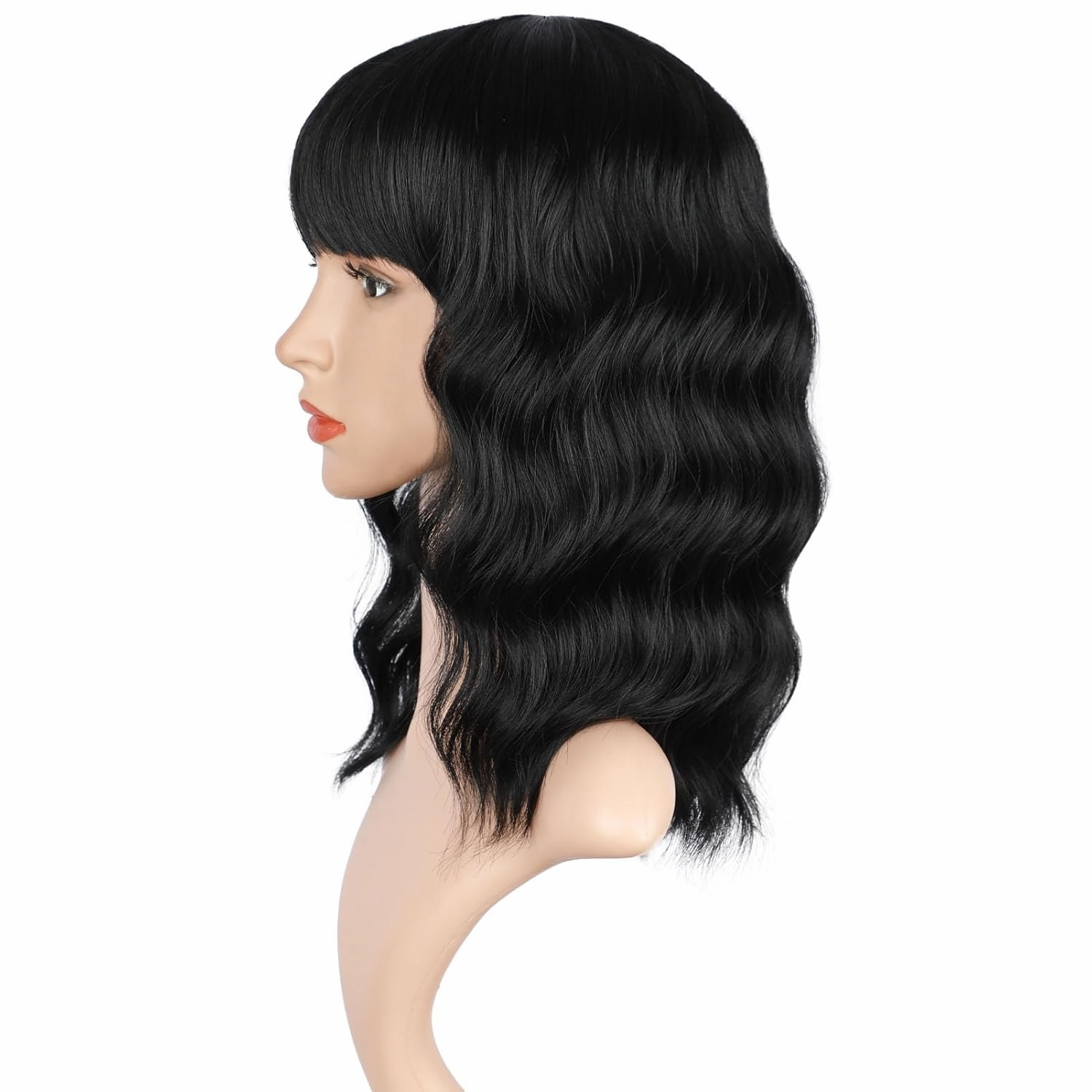 ENTRANCED STYLES Black Wig for Women Short Wavy Curly Bob Wigs with Bangs 14inch Medium Length Synthetic Chic Hair for Daily Party Wear