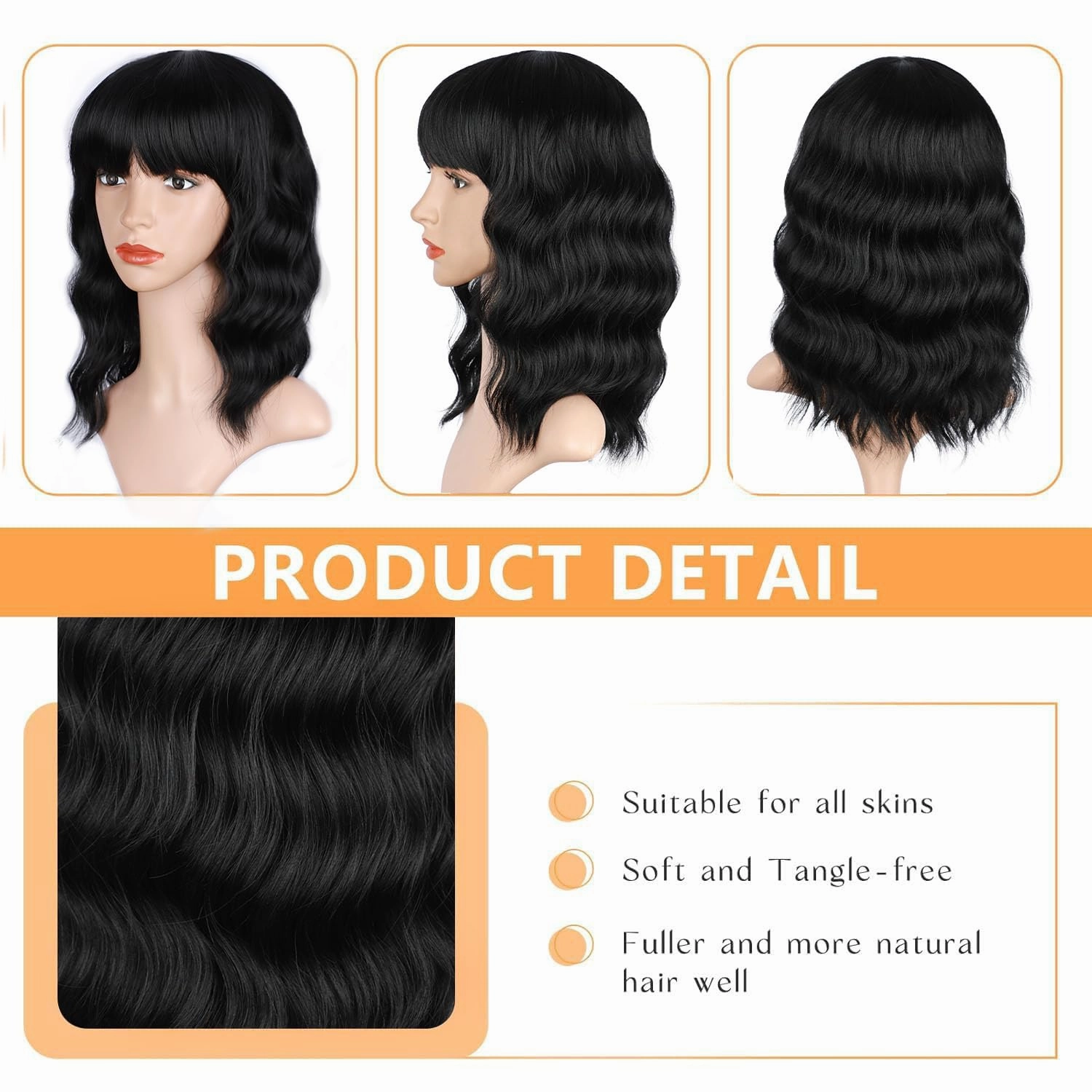 ENTRANCED STYLES Black Wig for Women Short Wavy Curly Bob Wigs with Bangs 14inch Medium Length Synthetic Chic Hair for Daily Party Wear