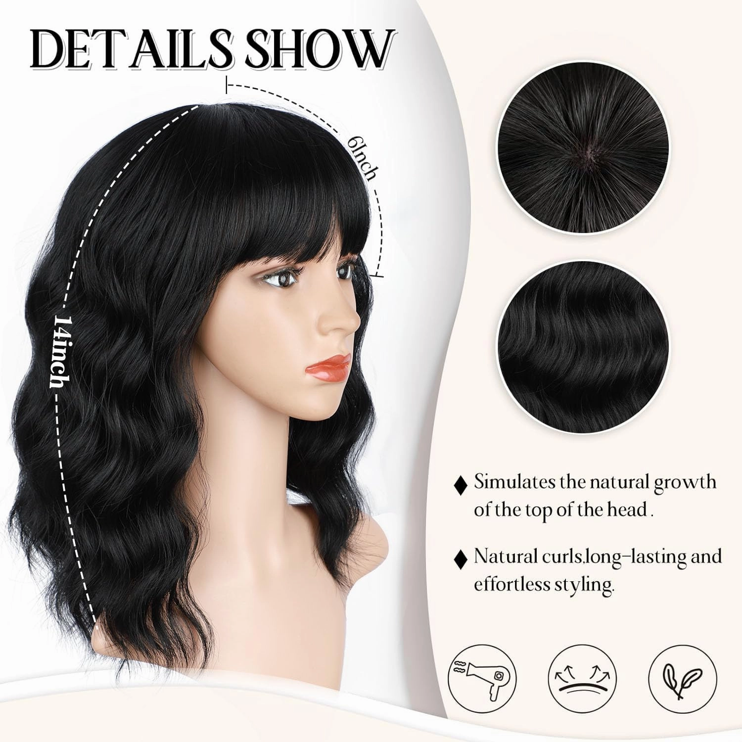 ENTRANCED STYLES Black Wig for Women Short Wavy Curly Bob Wigs with Bangs 14inch Medium Length Synthetic Chic Hair for Daily Party Wear