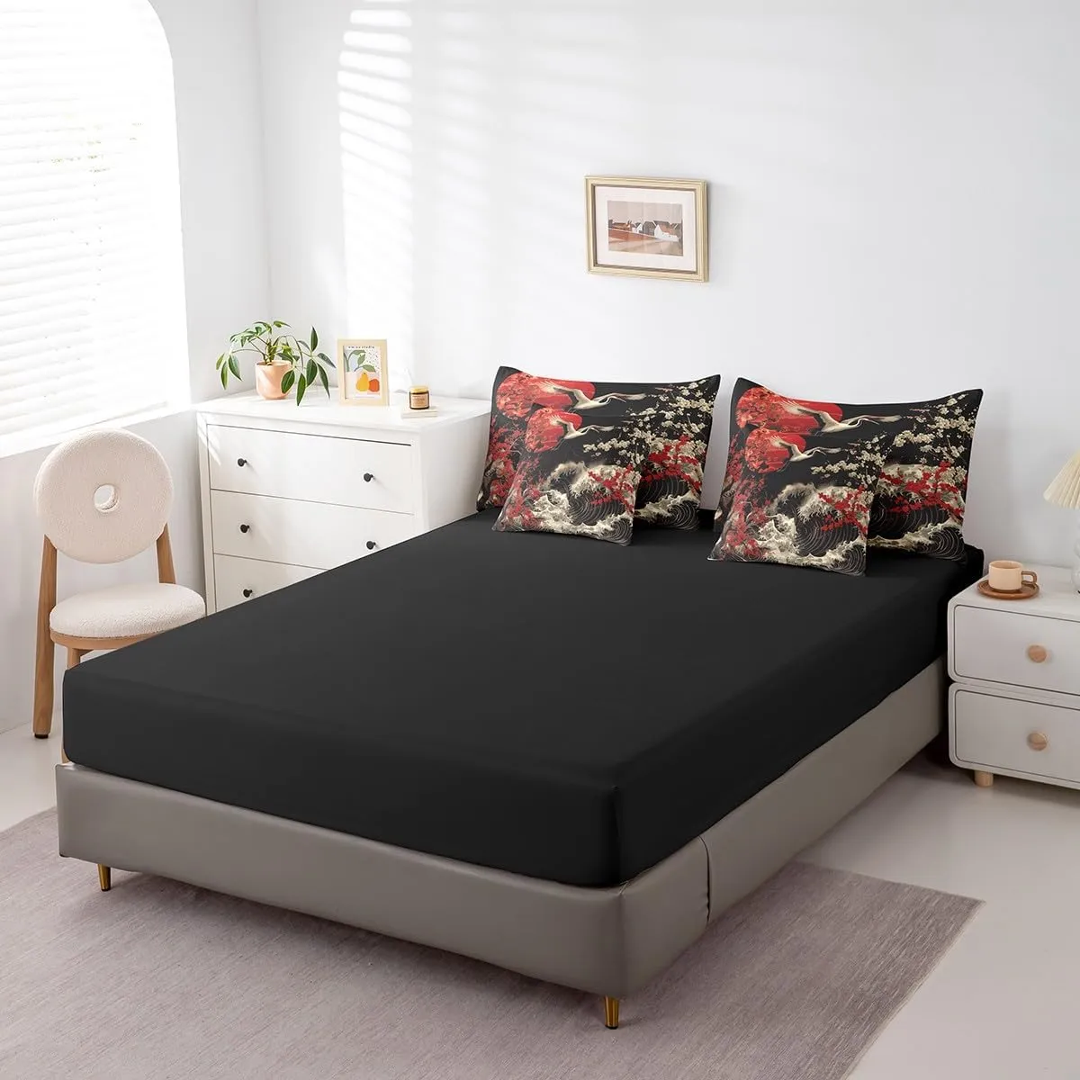 Erosebridal Oriental Cherry Blossoms Bedding Comforter Sets 7pcs Japanese Asian Print Bed in a Bag, Black and Red Twin Bedding Sets Chic Crane Comforter Set, Ocean Waves Bedding Sets & Collections