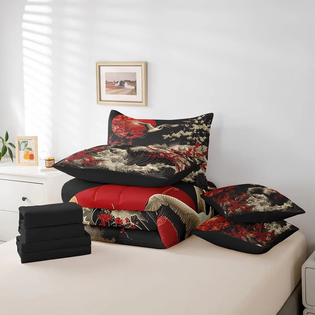 Erosebridal Oriental Cherry Blossoms Bedding Comforter Sets 7pcs Japanese Asian Print Bed in a Bag, Black and Red Twin Bedding Sets Chic Crane Comforter Set, Ocean Waves Bedding Sets & Collections