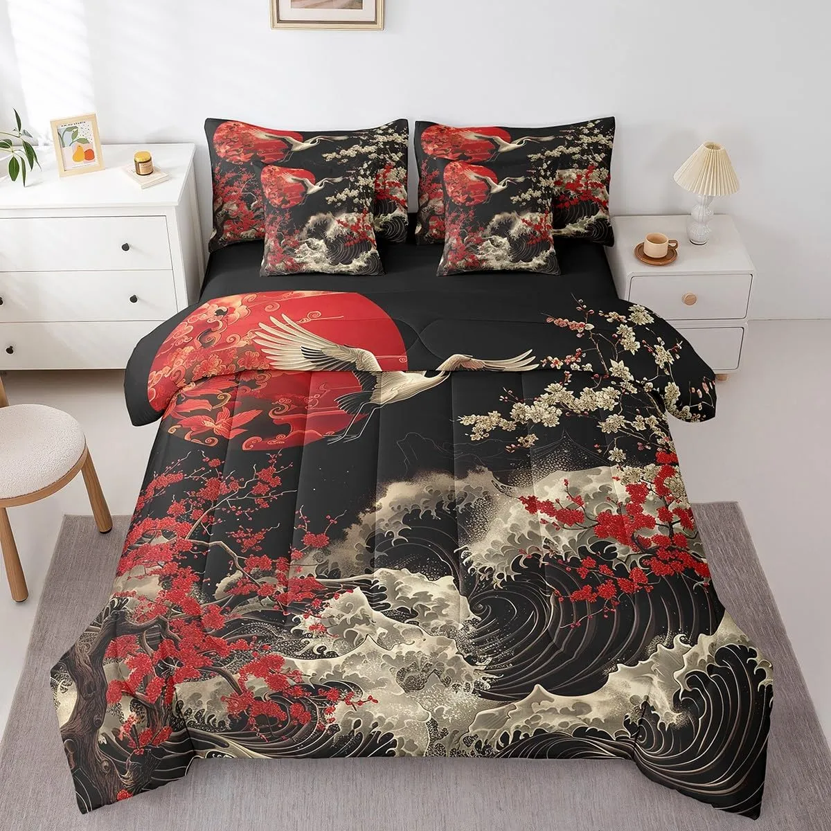 Erosebridal Oriental Cherry Blossoms Bedding Comforter Sets 7pcs Japanese Asian Print Bed in a Bag, Black and Red Twin Bedding Sets Chic Crane Comforter Set, Ocean Waves Bedding Sets & Collections