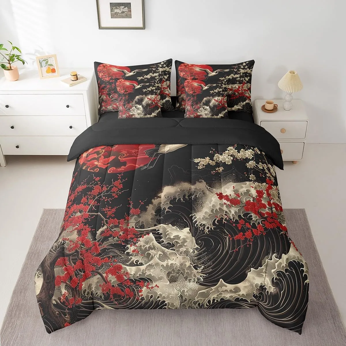 Erosebridal Oriental Cherry Blossoms Bedding Comforter Sets 7pcs Japanese Asian Print Bed in a Bag, Black and Red Twin Bedding Sets Chic Crane Comforter Set, Ocean Waves Bedding Sets & Collections