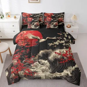 Erosebridal Oriental Cherry Blossoms Bedding Comforter Sets 7pcs Japanese Asian Print Bed in a Bag, Black and Red Twin Bedding Sets Chic Crane Comforter Set, Ocean Waves Bedding Sets & Collections