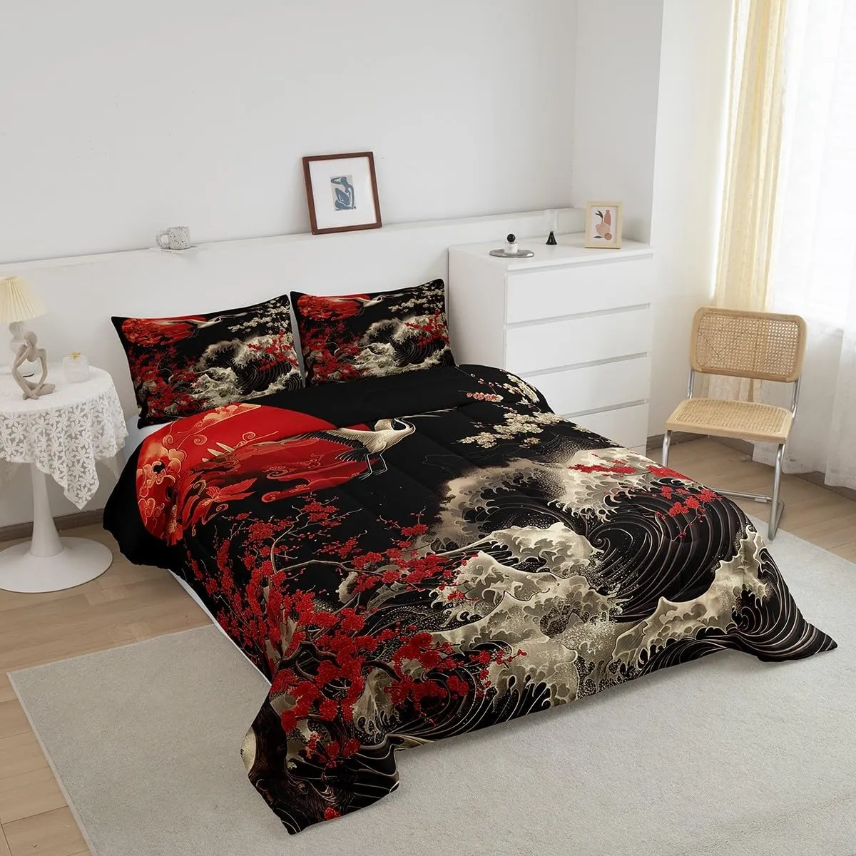 Erosebridal Oriental Cherry Blossoms Bedding Comforter Sets 7pcs Japanese Asian Print Bed in a Bag, Black and Red Twin Bedding Sets Chic Crane Comforter Set, Ocean Waves Bedding Sets & Collections