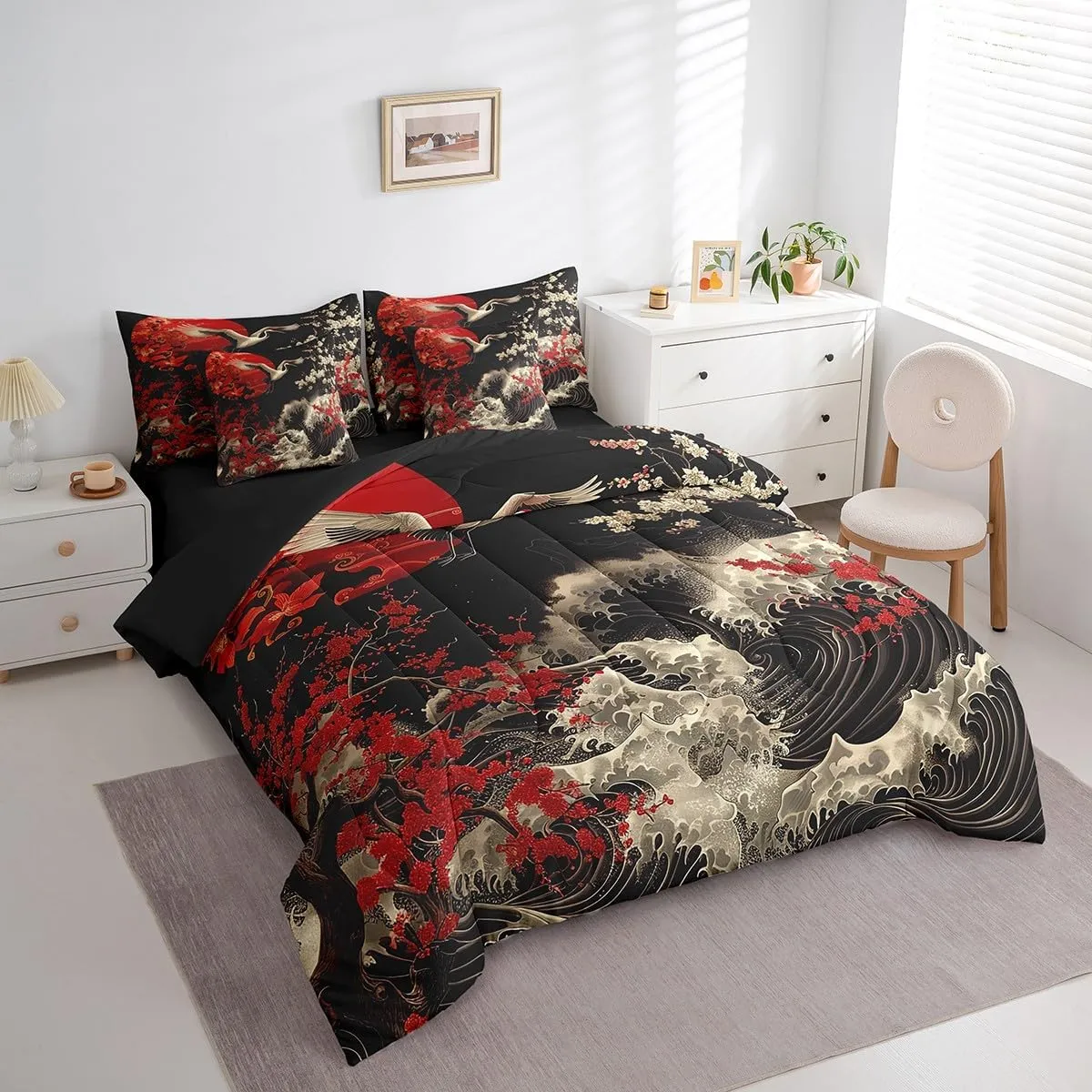Erosebridal Oriental Cherry Blossoms Bedding Comforter Sets 7pcs Japanese Asian Print Bed in a Bag, Black and Red Twin Bedding Sets Chic Crane Comforter Set, Ocean Waves Bedding Sets & Collections