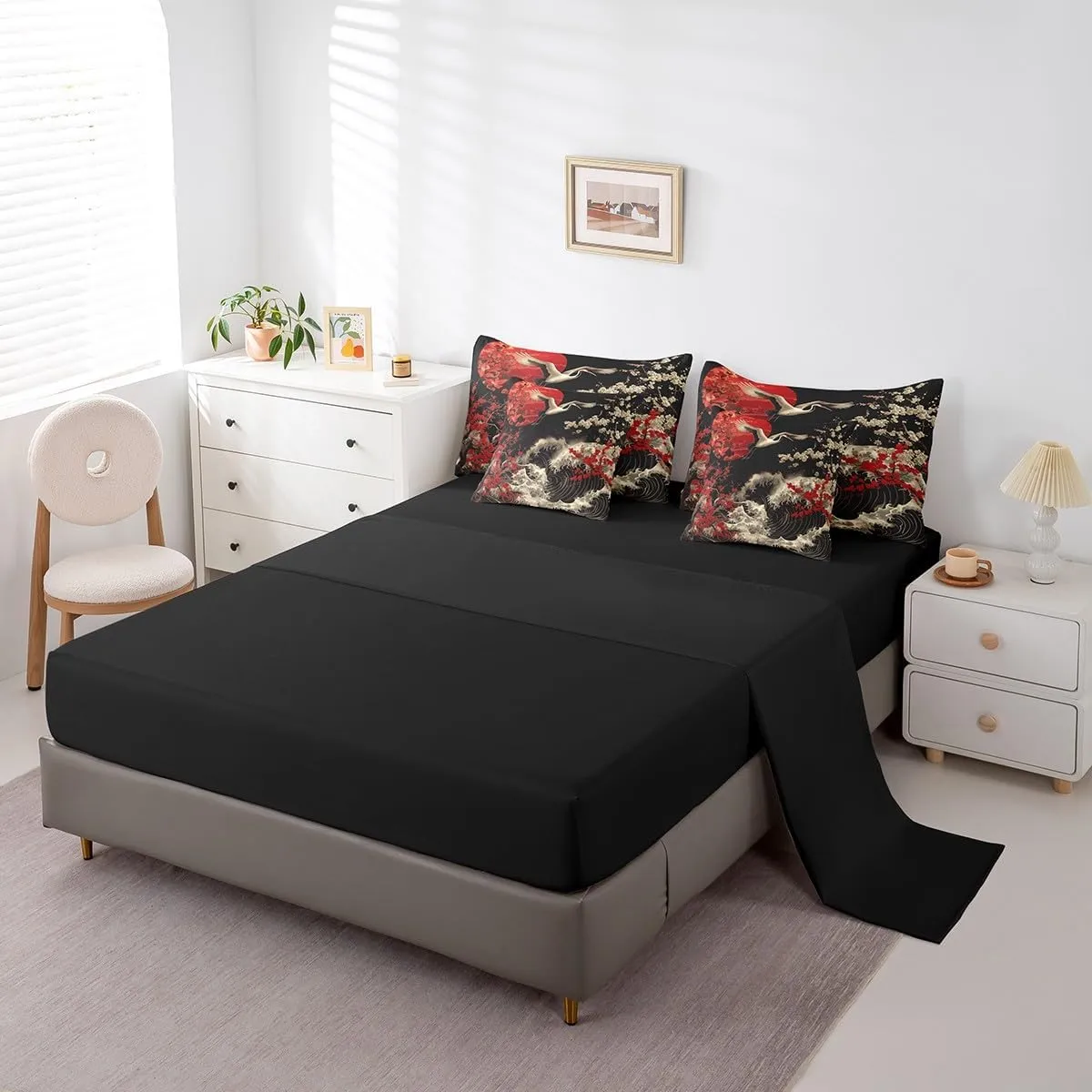Erosebridal Oriental Cherry Blossoms Bedding Comforter Sets 7pcs Japanese Asian Print Bed in a Bag, Black and Red Twin Bedding Sets Chic Crane Comforter Set, Ocean Waves Bedding Sets & Collections