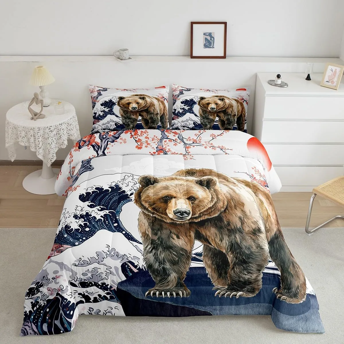 Erosebridal Safari Bear Twin Bedding Sets Japanese Ukiyoe Comforter Set, Marine Sea Ocean Wave Bedding Comforter Sets Jungle Wildlife Duvet Insert for Kids Boys Girls, Wild Animal Down Comforter