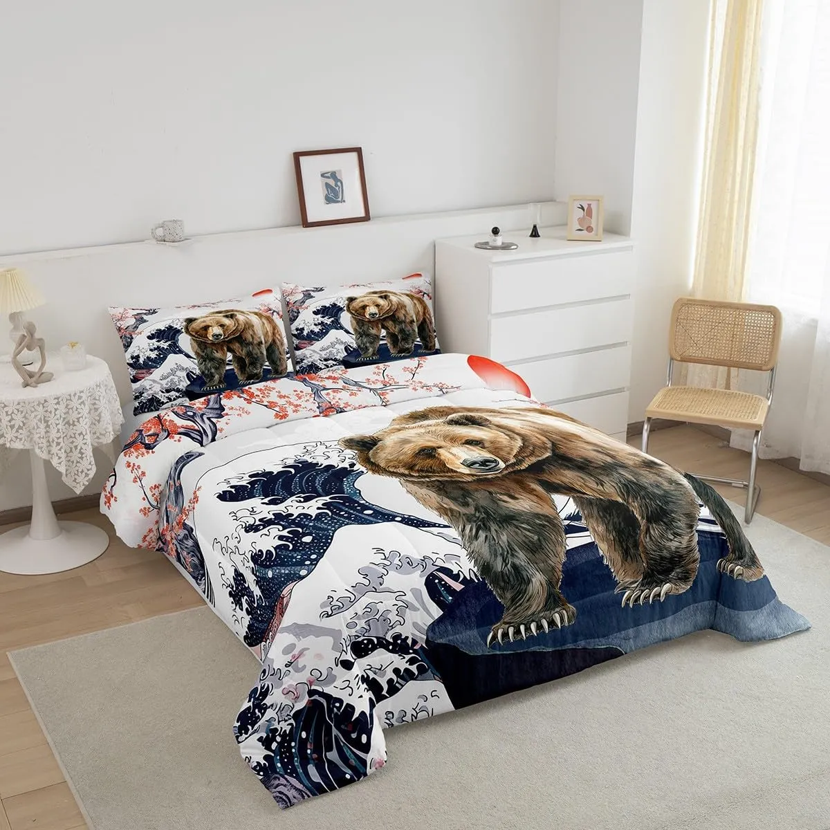 Erosebridal Safari Bear Twin Bedding Sets Japanese Ukiyoe Comforter Set, Marine Sea Ocean Wave Bedding Comforter Sets Jungle Wildlife Duvet Insert for Kids Boys Girls, Wild Animal Down Comforter