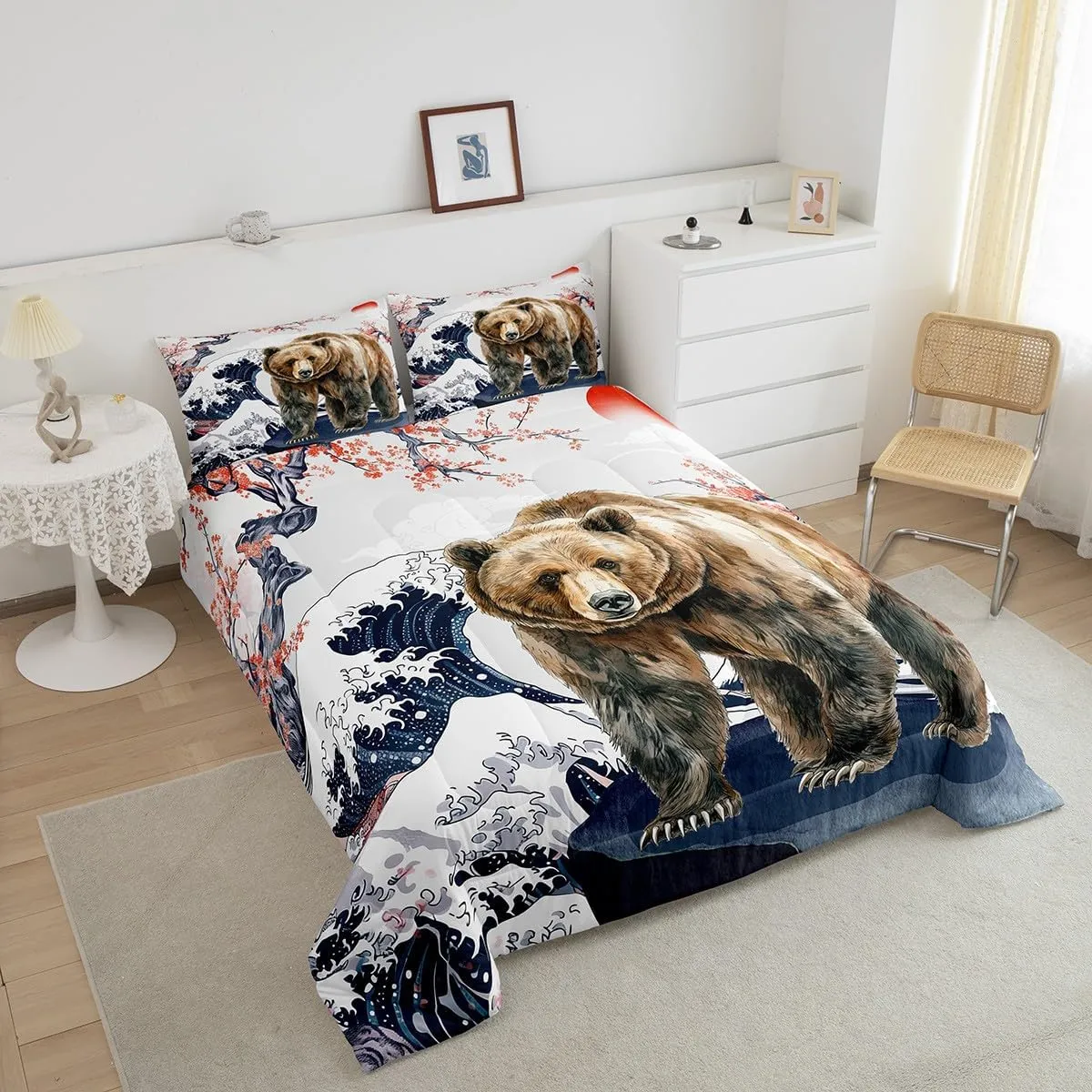 Erosebridal Safari Bear Twin Bedding Sets Japanese Ukiyoe Comforter Set, Marine Sea Ocean Wave Bedding Comforter Sets Jungle Wildlife Duvet Insert for Kids Boys Girls, Wild Animal Down Comforter
