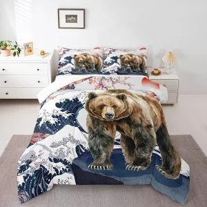 Erosebridal Safari Bear Twin Bedding Sets Japanese Ukiyoe Comforter Set, Marine Sea Ocean Wave Bedding Comforter Sets Jungle Wildlife Duvet Insert for Kids Boys Girls, Wild Animal Down Comforter