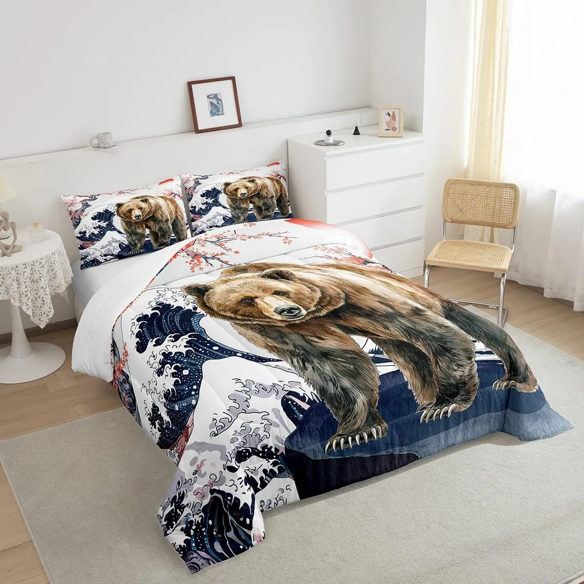 Erosebridal Safari Bear Twin Bedding Sets Japanese Ukiyoe Comforter Set, Marine Sea Ocean Wave Bedding Comforter Sets Jungle Wildlife Duvet Insert for Kids Boys Girls, Wild Animal Down Comforter