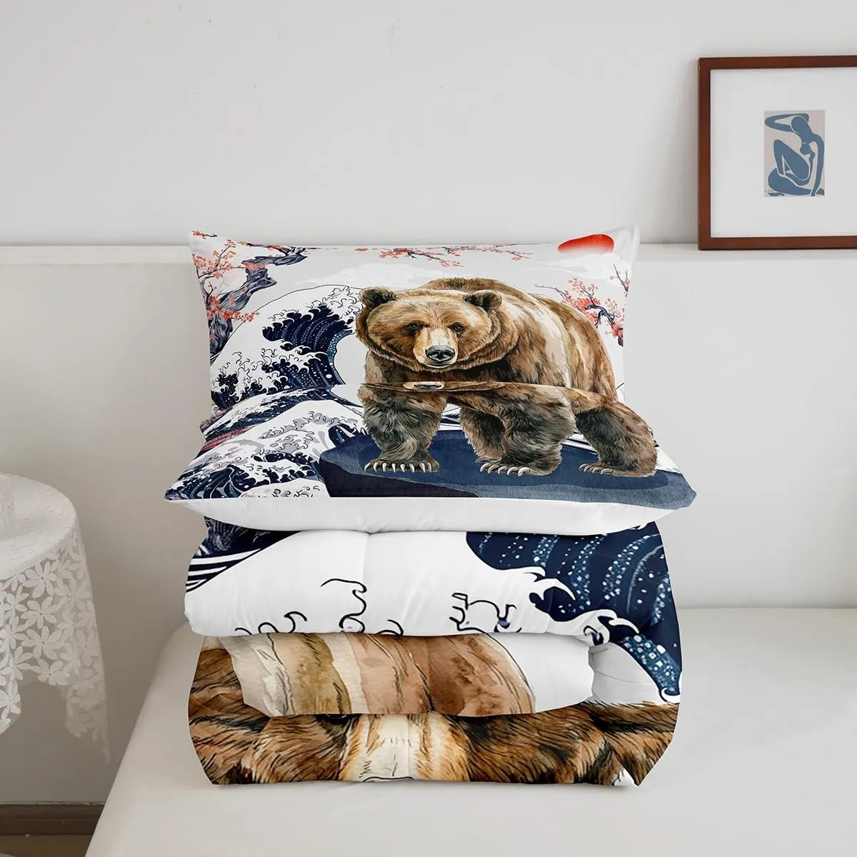 Erosebridal Safari Bear Twin Bedding Sets Japanese Ukiyoe Comforter Set, Marine Sea Ocean Wave Bedding Comforter Sets Jungle Wildlife Duvet Insert for Kids Boys Girls, Wild Animal Down Comforter