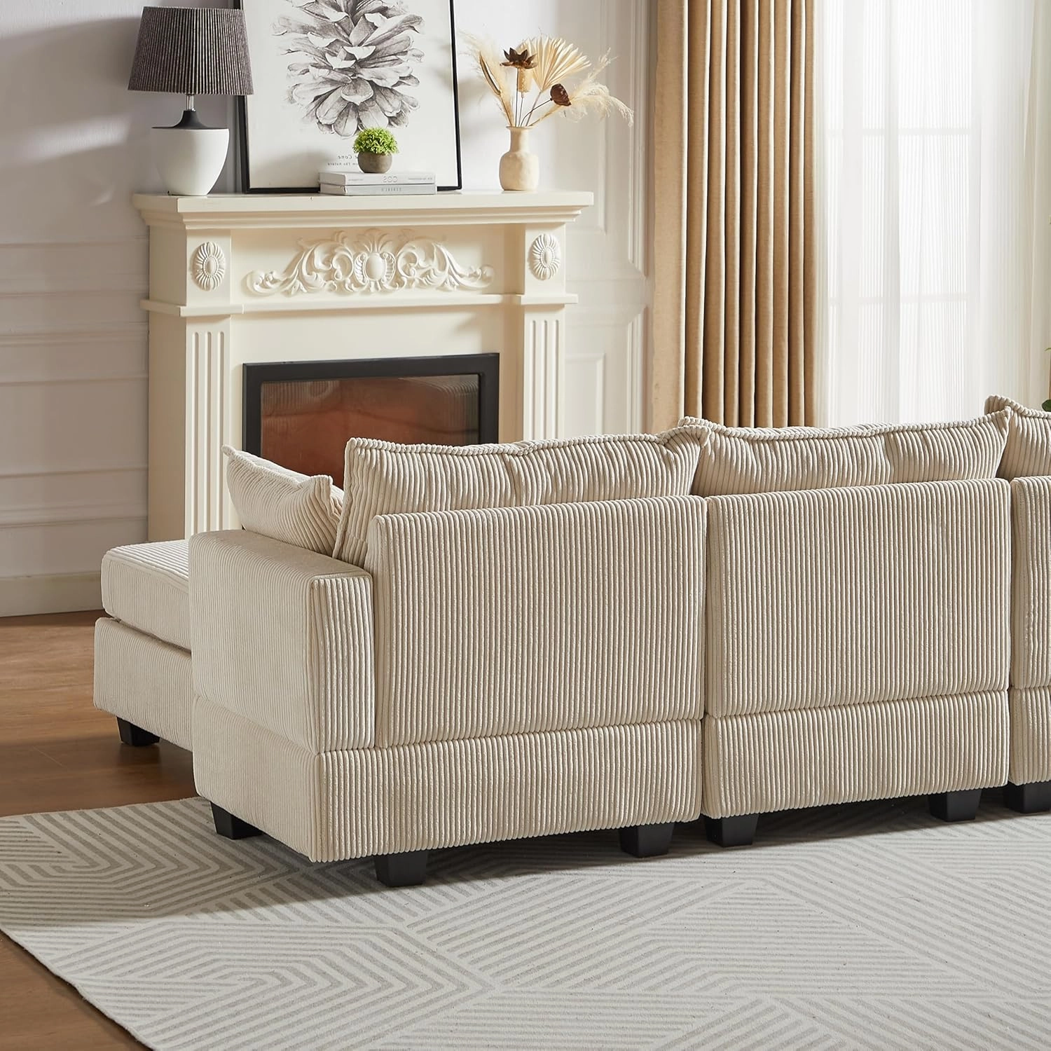 ERYE 113.5-Inch U-Shaped Modular Storage Sectional Sofa Corduroy Upholstered Free Combination 6 Seaters Sofa Couch Convertible Sleeper Couch Bed W/2 Pillows for Home Apartment Office Living Room Sets
