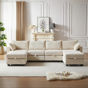 ERYE 113.5-Inch U-Shaped Modular Storage Sectional Sofa Corduroy Upholstered Free Combination 6 Seaters Sofa Couch Convertible Sleeper Couch Bed W/2 Pillows for Home Apartment Office Living Room Sets