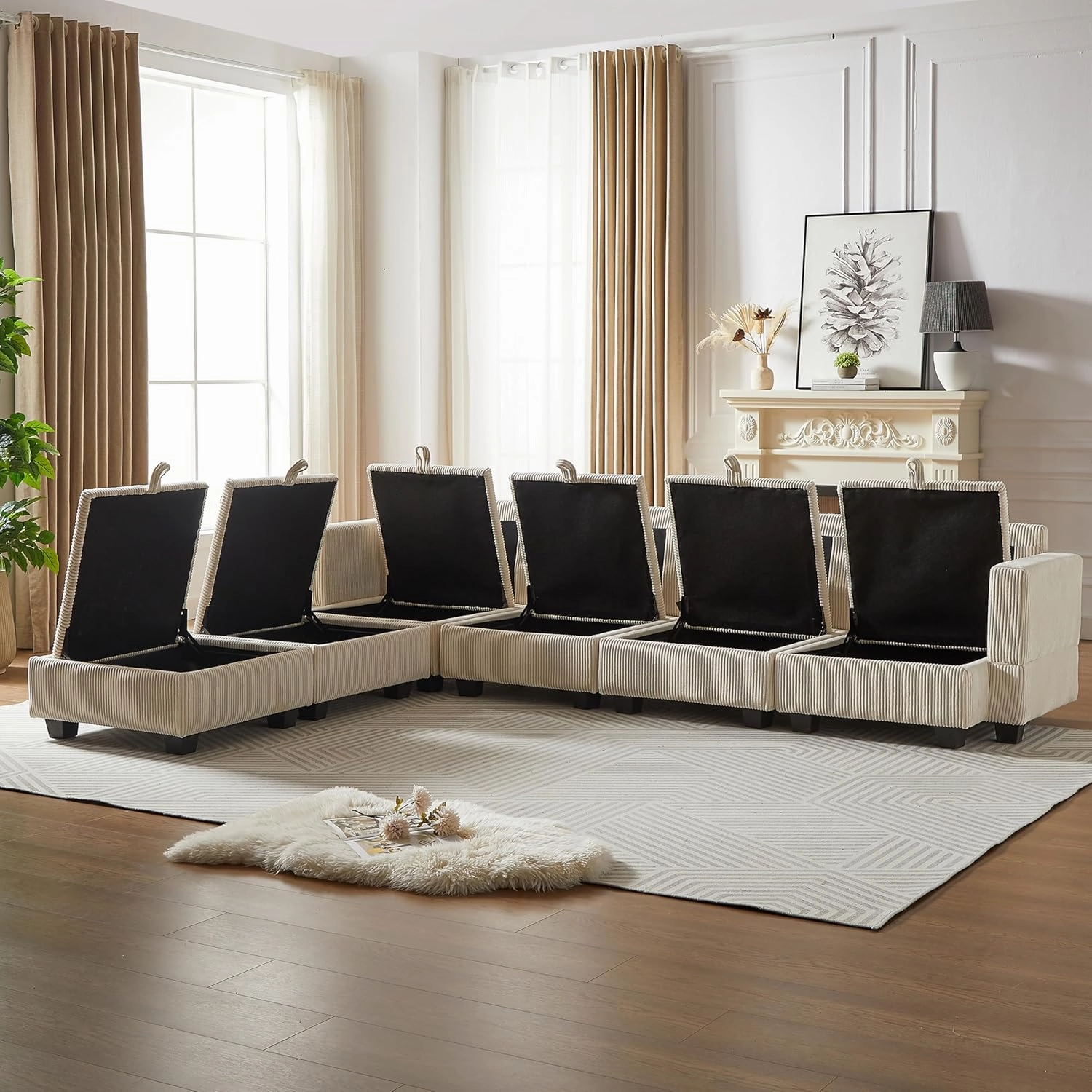 ERYE 113.5-Inch U-Shaped Modular Storage Sectional Sofa Corduroy Upholstered Free Combination 6 Seaters Sofa Couch Convertible Sleeper Couch Bed W/2 Pillows for Home Apartment Office Living Room Sets