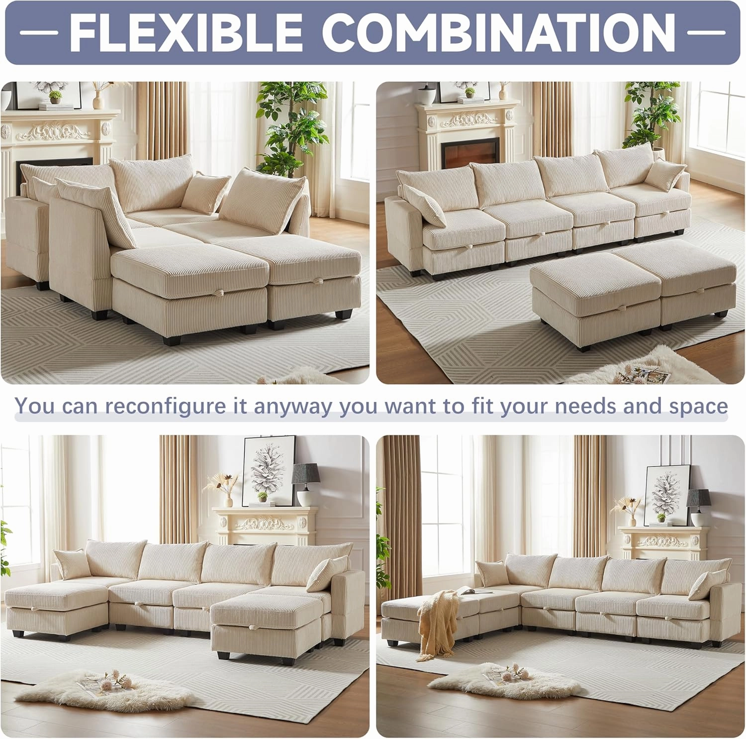 ERYE 113.5-Inch U-Shaped Modular Storage Sectional Sofa Corduroy Upholstered Free Combination 6 Seaters Sofa Couch Convertible Sleeper Couch Bed W/2 Pillows for Home Apartment Office Living Room Sets
