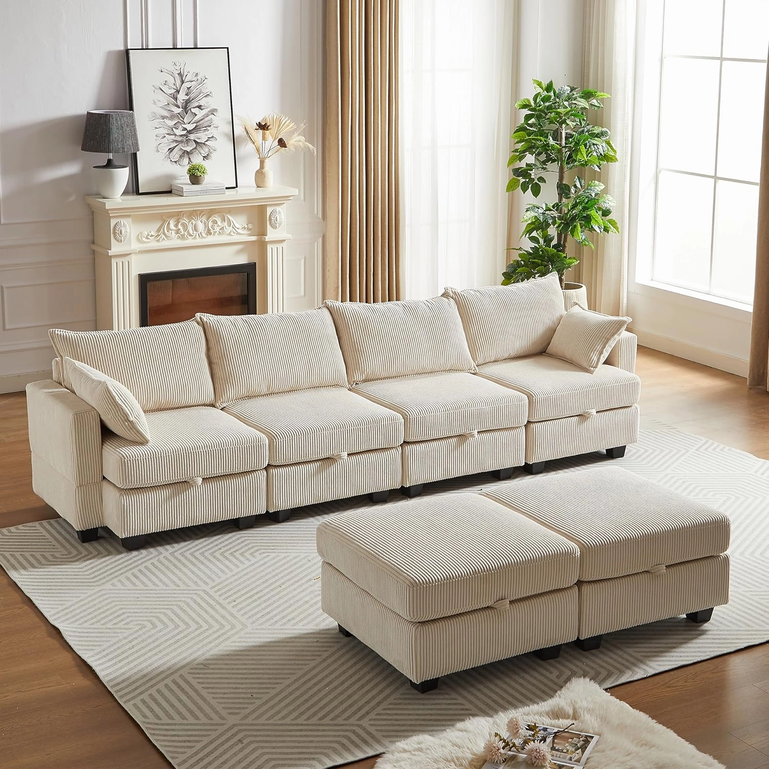 ERYE 113.5-Inch U-Shaped Modular Storage Sectional Sofa Corduroy Upholstered Free Combination 6 Seaters Sofa Couch Convertible Sleeper Couch Bed W/2 Pillows for Home Apartment Office Living Room Sets