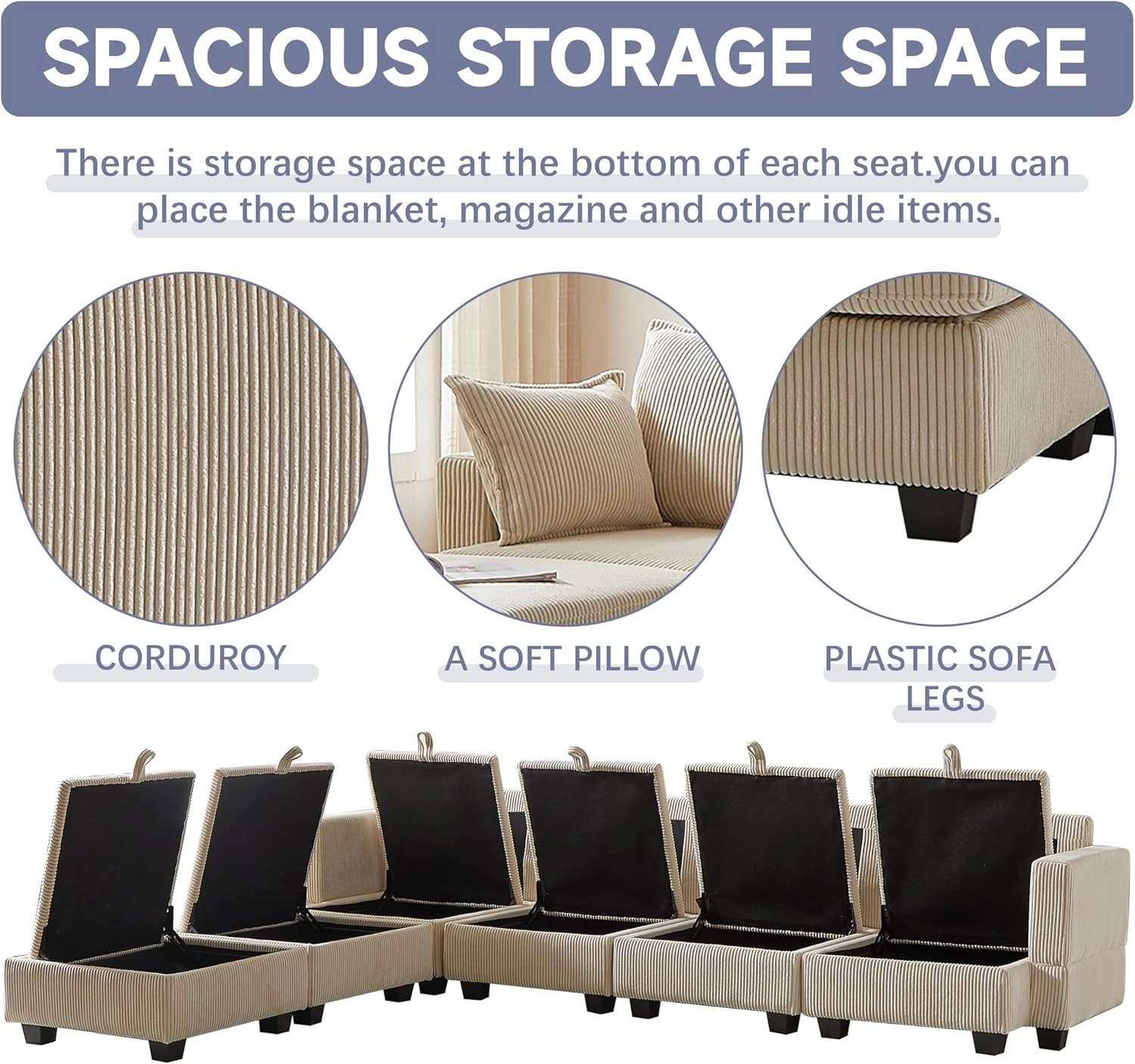 ERYE 113.5-Inch U-Shaped Modular Storage Sectional Sofa Corduroy Upholstered Free Combination 6 Seaters Sofa Couch Convertible Sleeper Couch Bed W/2 Pillows for Home Apartment Office Living Room Sets