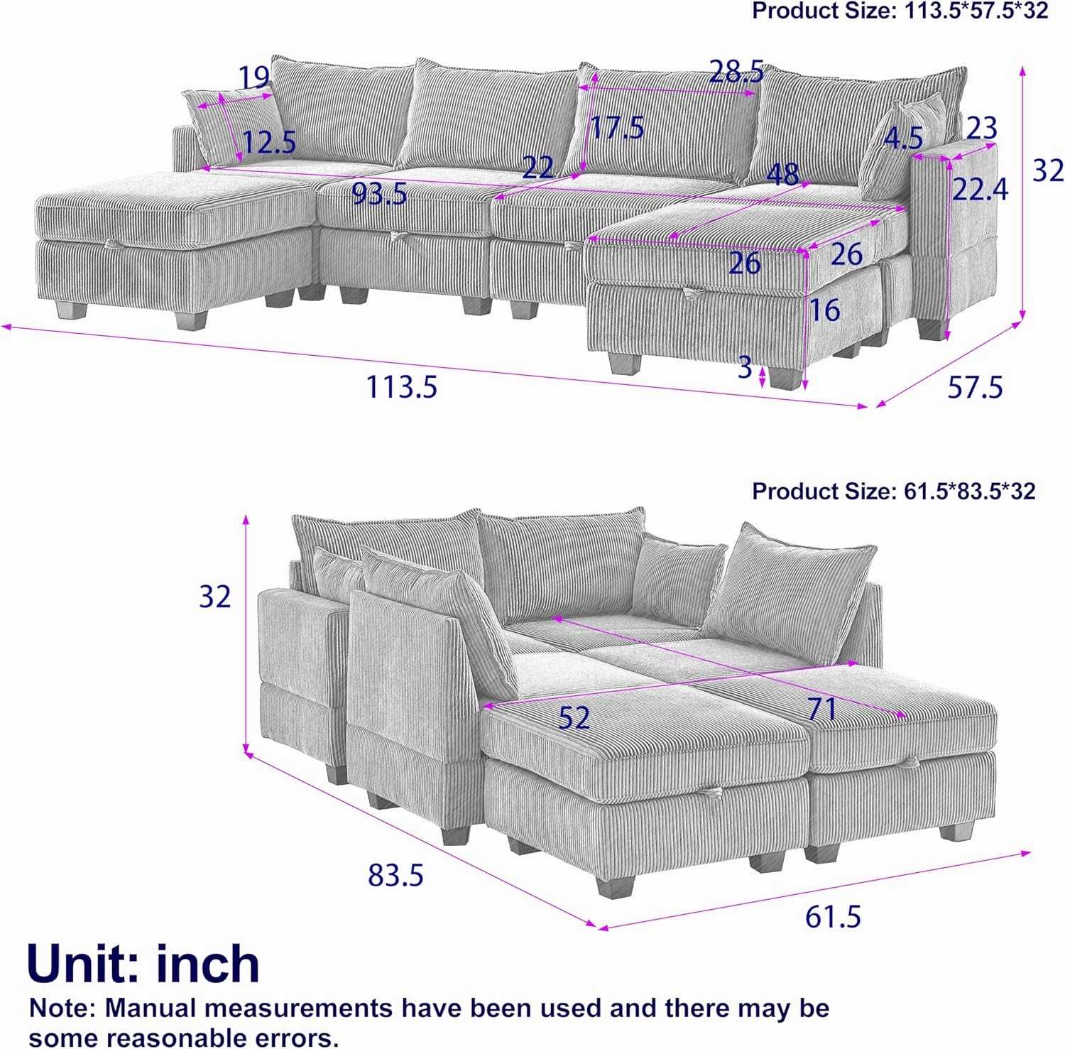 ERYE 113.5-Inch U-Shaped Modular Storage Sectional Sofa Corduroy Upholstered Free Combination 6 Seaters Sofa Couch Convertible Sleeper Couch Bed W/2 Pillows for Home Apartment Office Living Room Sets
