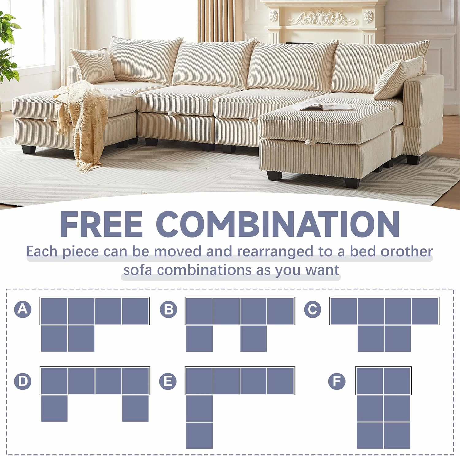 ERYE 113.5-Inch U-Shaped Modular Storage Sectional Sofa Corduroy Upholstered Free Combination 6 Seaters Sofa Couch Convertible Sleeper Couch Bed W/2 Pillows for Home Apartment Office Living Room Sets