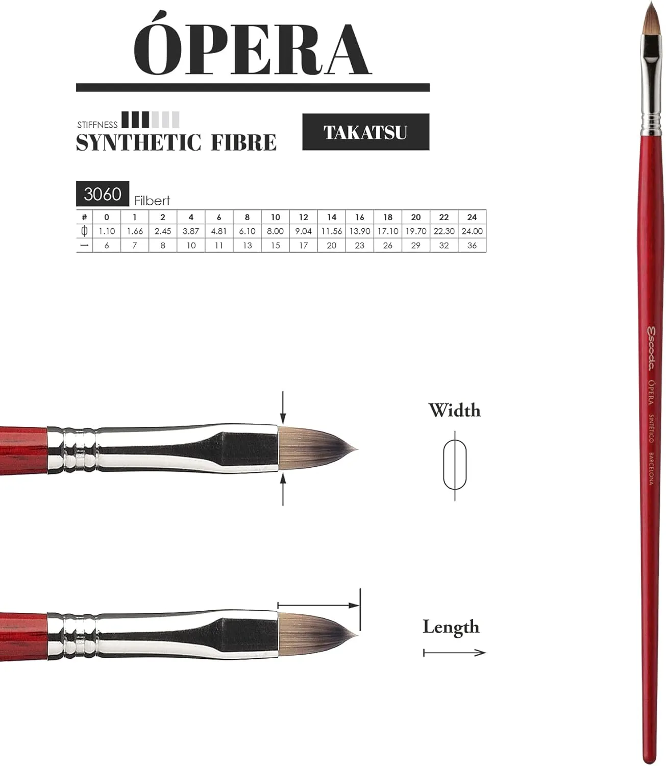 Escoda Opera Series 3060 Artist Oil and Acrylic Paint Brush, Synthetic Takatsu Filament, Filbert, Size 24