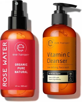 Eve Hansen Vitamin C Cleanser & Organic Rose Water Spray Bundle - Anti-Aging Facial Cleanser (4 oz)   Rosewater Toner & Setting Spray (4 oz)